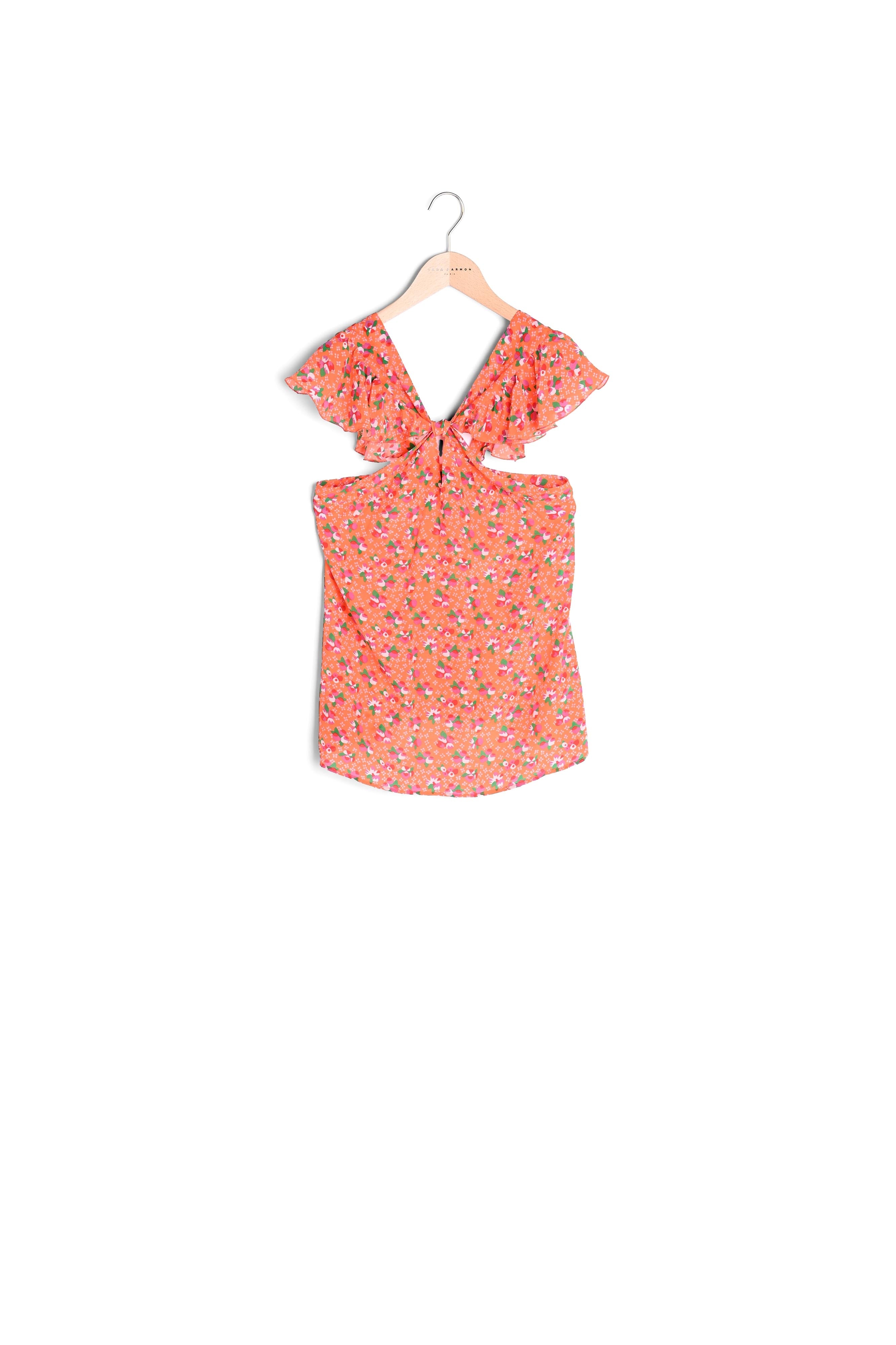 Top orange en soie imprimé cerises Faume - seconde main