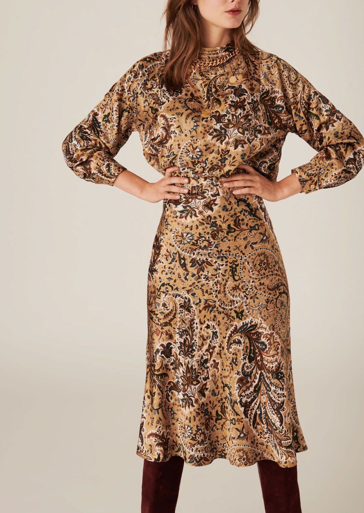 Blouse Tribeca imprimé cachemire camel sur satin viscose de soie Faume - seconde main