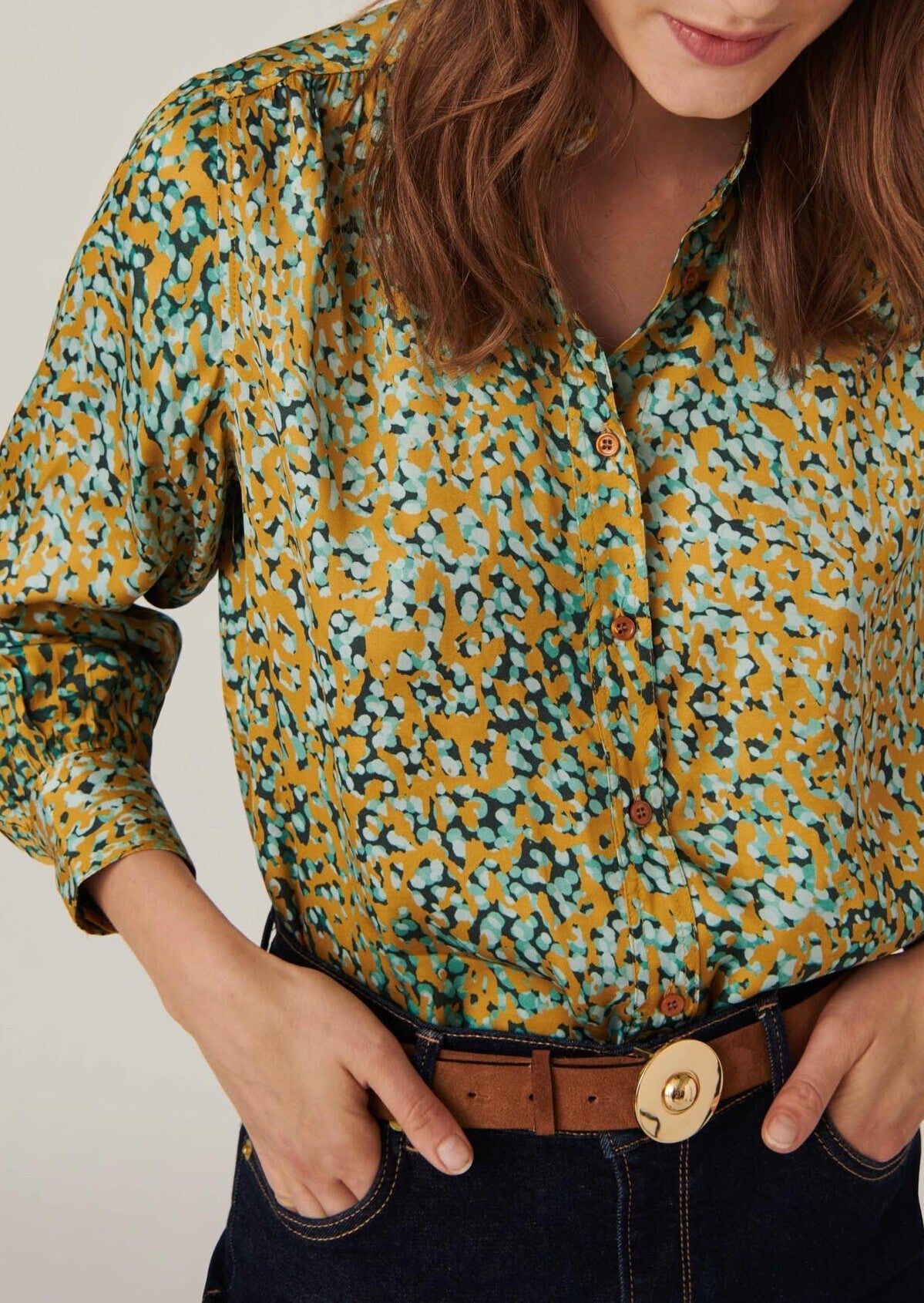 Blouse Tiberine imprimé aqua gold sur satin viscose Faume - seconde main