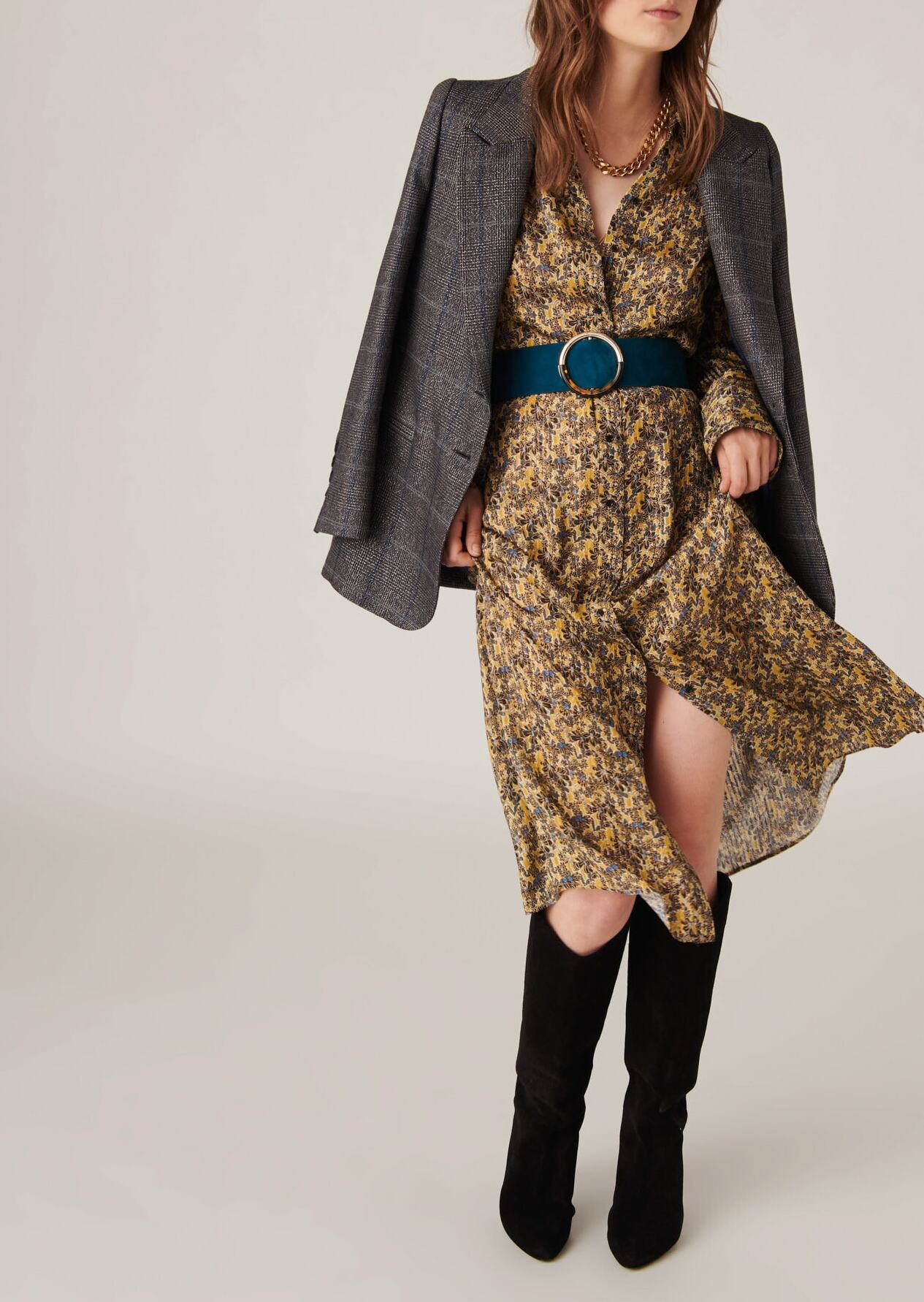 Robe chemise mi-longue Ribel en viscose lurex imprimé jardin d'hiver mordorée Faume - seconde main