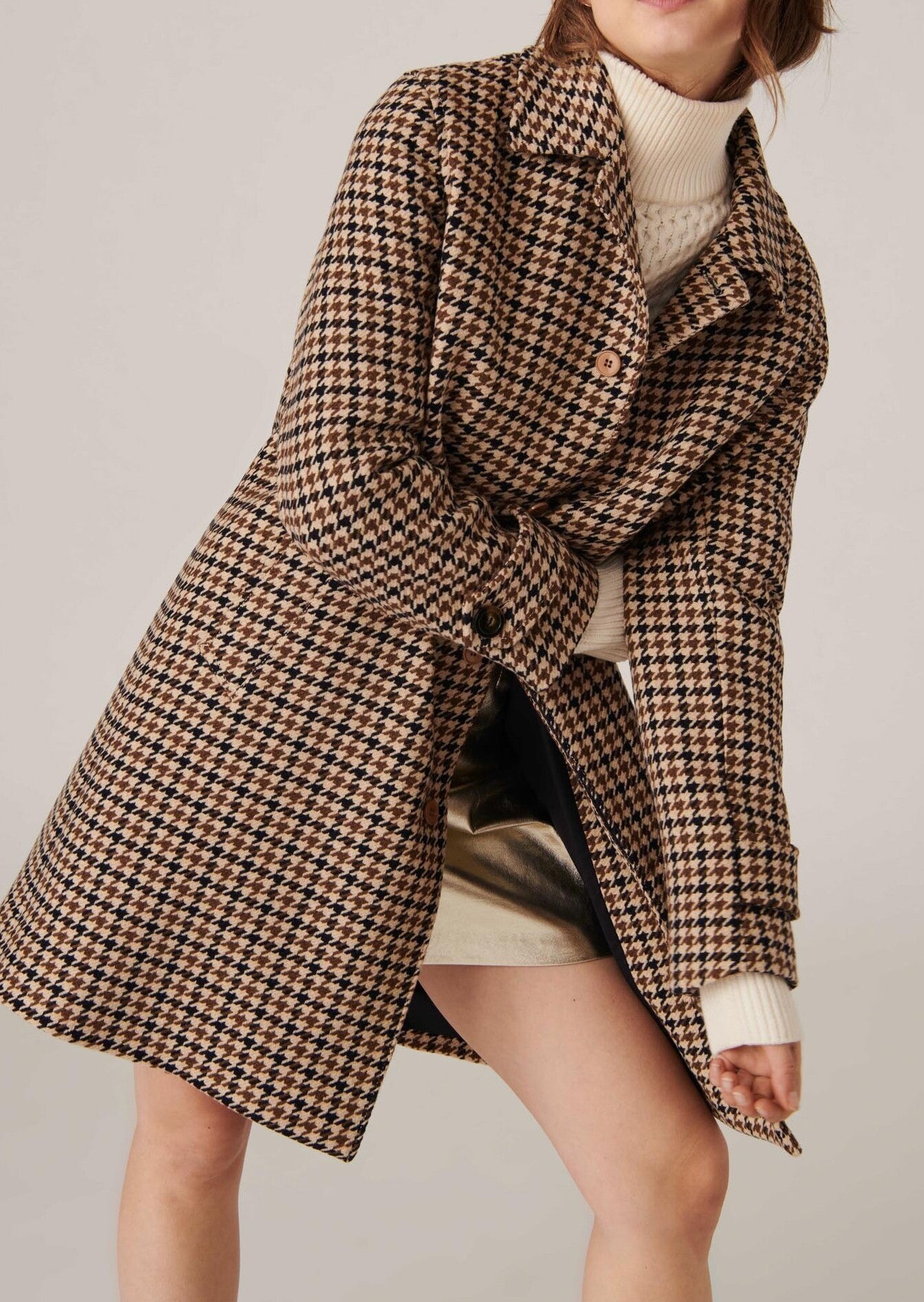 Manteau Martha moka en laine pied de poule Faume - seconde main