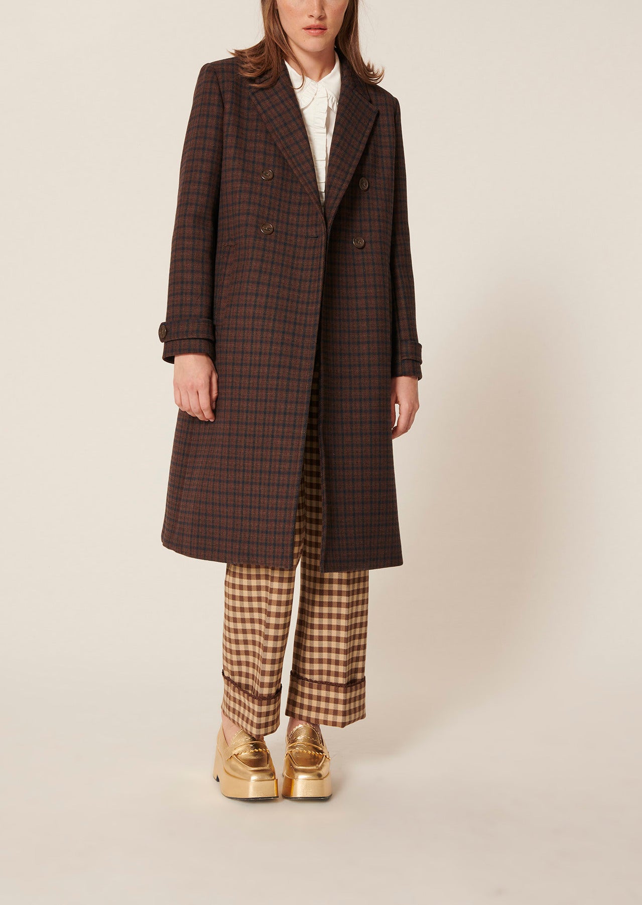 Manteau Majestueux marron à carreaux en laine Faume - seconde main