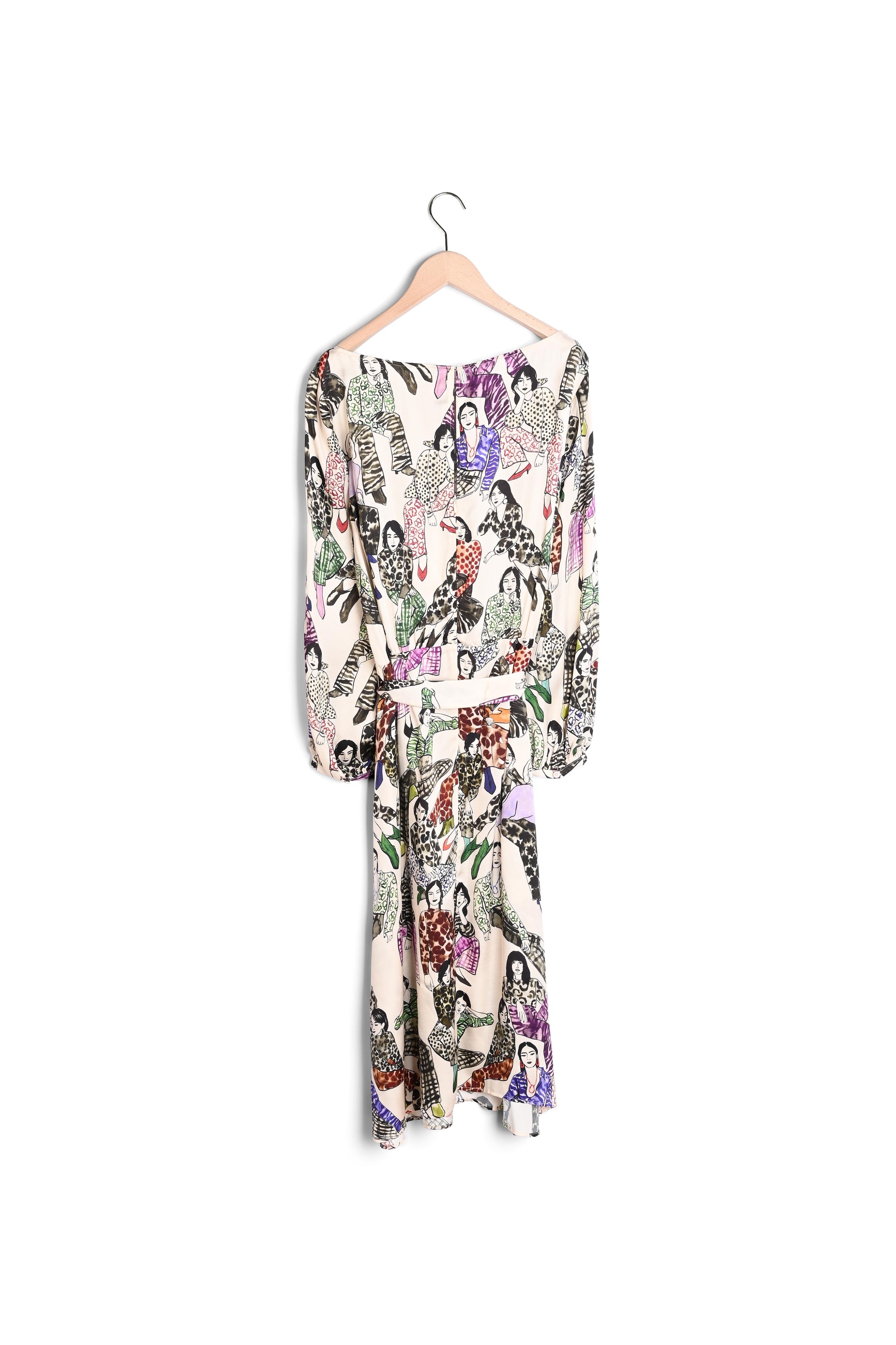 Robe Rylly mi-longue imprimé figurines sur satin viscose beige Faume - seconde main