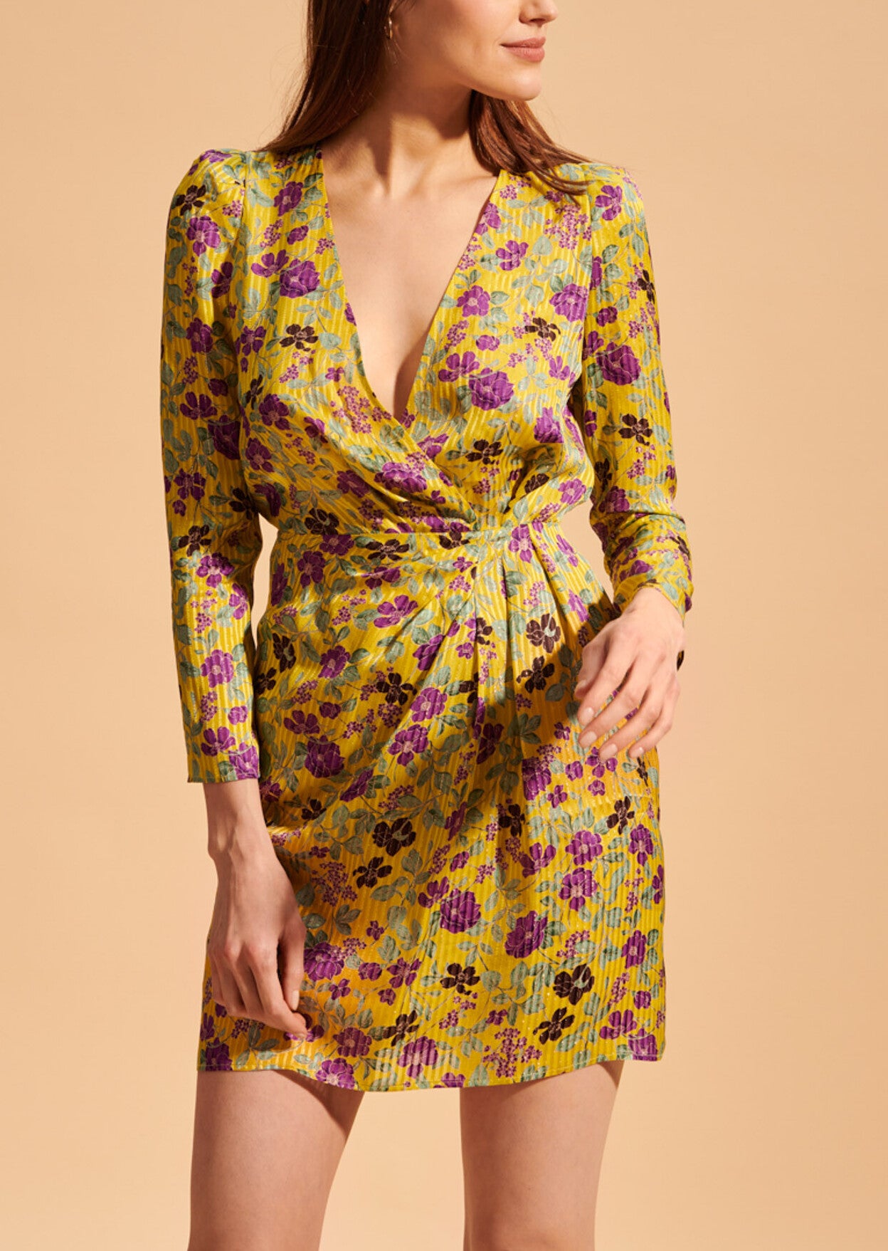 Robe courte Revelyne jaune imprimé fleurs lurex Faume - seconde main