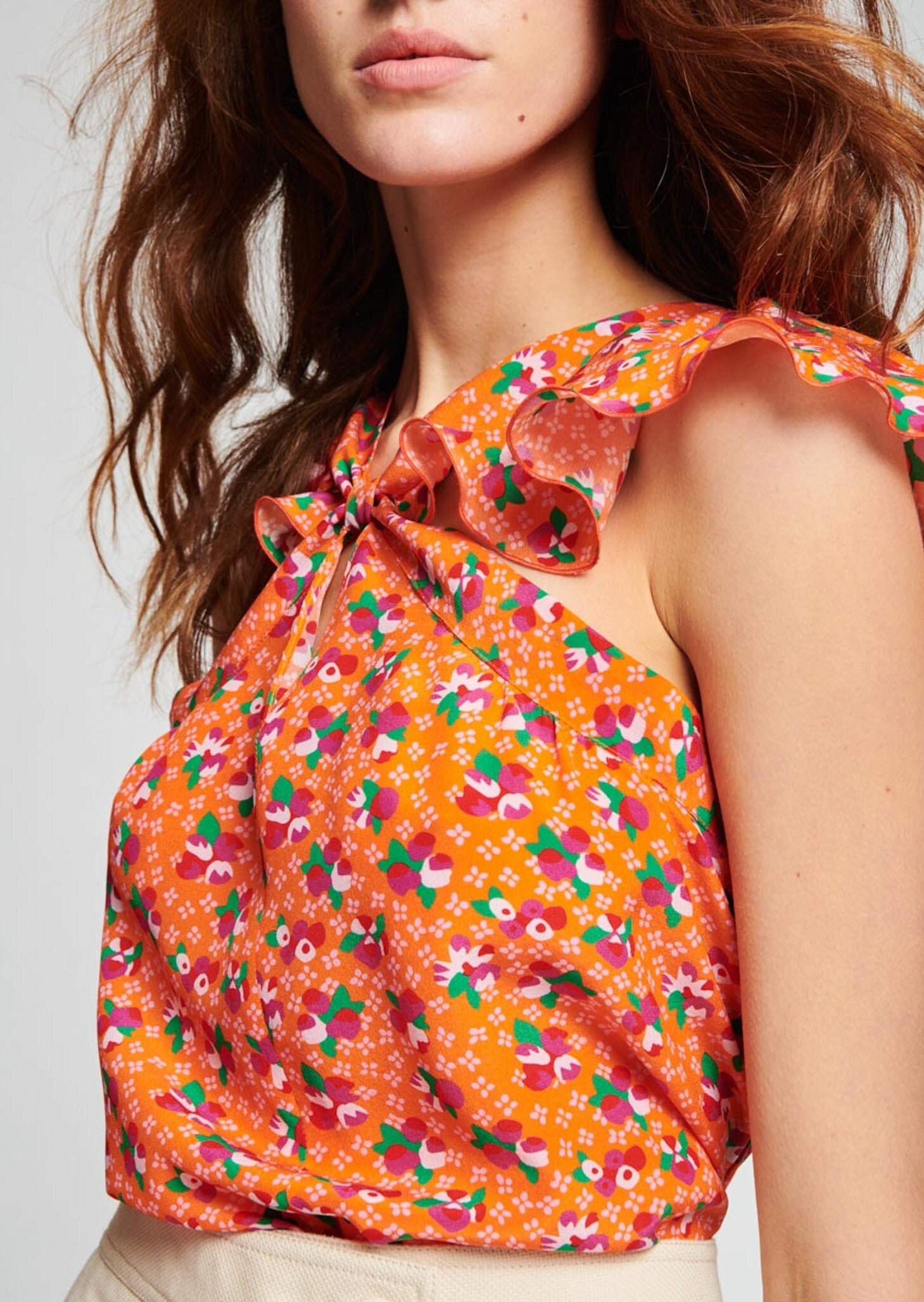 Top orange en soie imprimé cerises Faume - seconde main