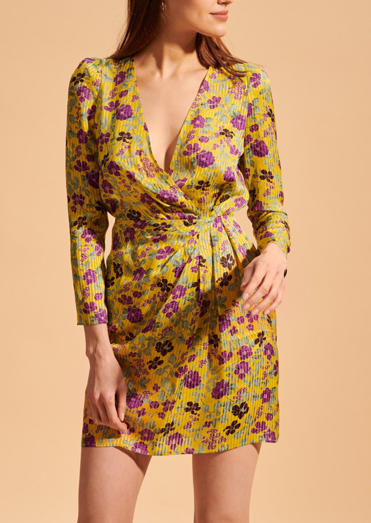 Robe courte Revelyne jaune imprimé fleurs lurex Faume - seconde main