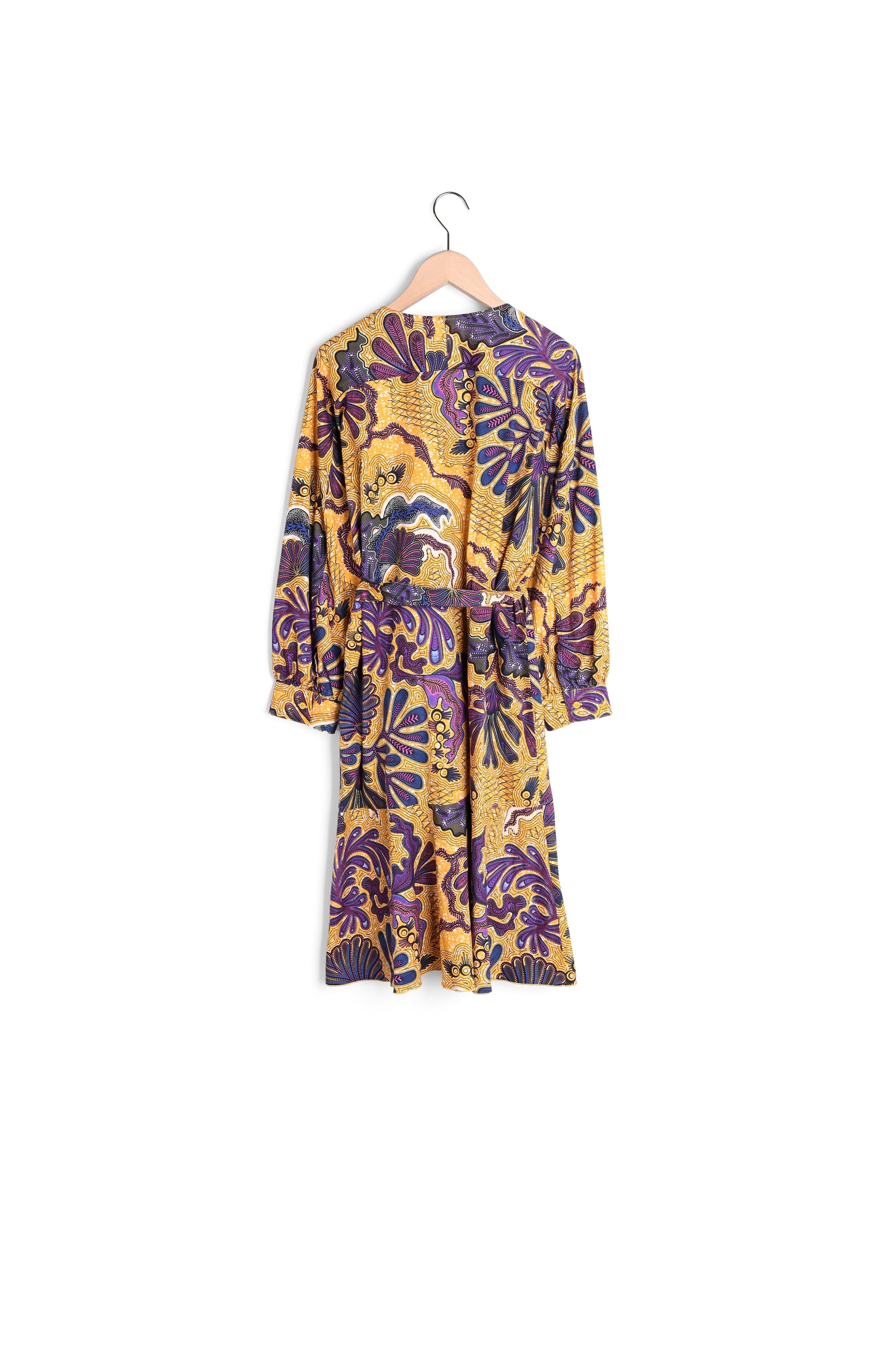 Robe cache-coeur Roza courte en popeline imprimé wax jaune Faume - seconde main