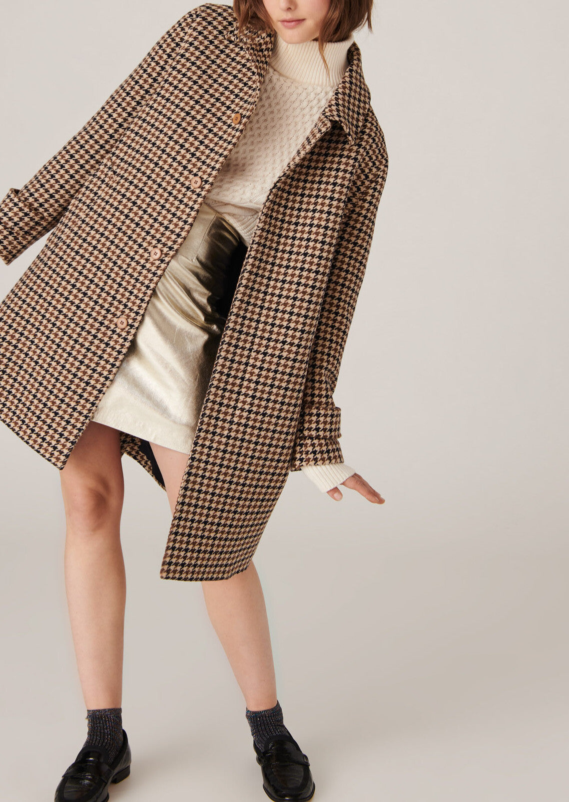 Manteau Martha moka en laine pied de poule Faume - seconde main