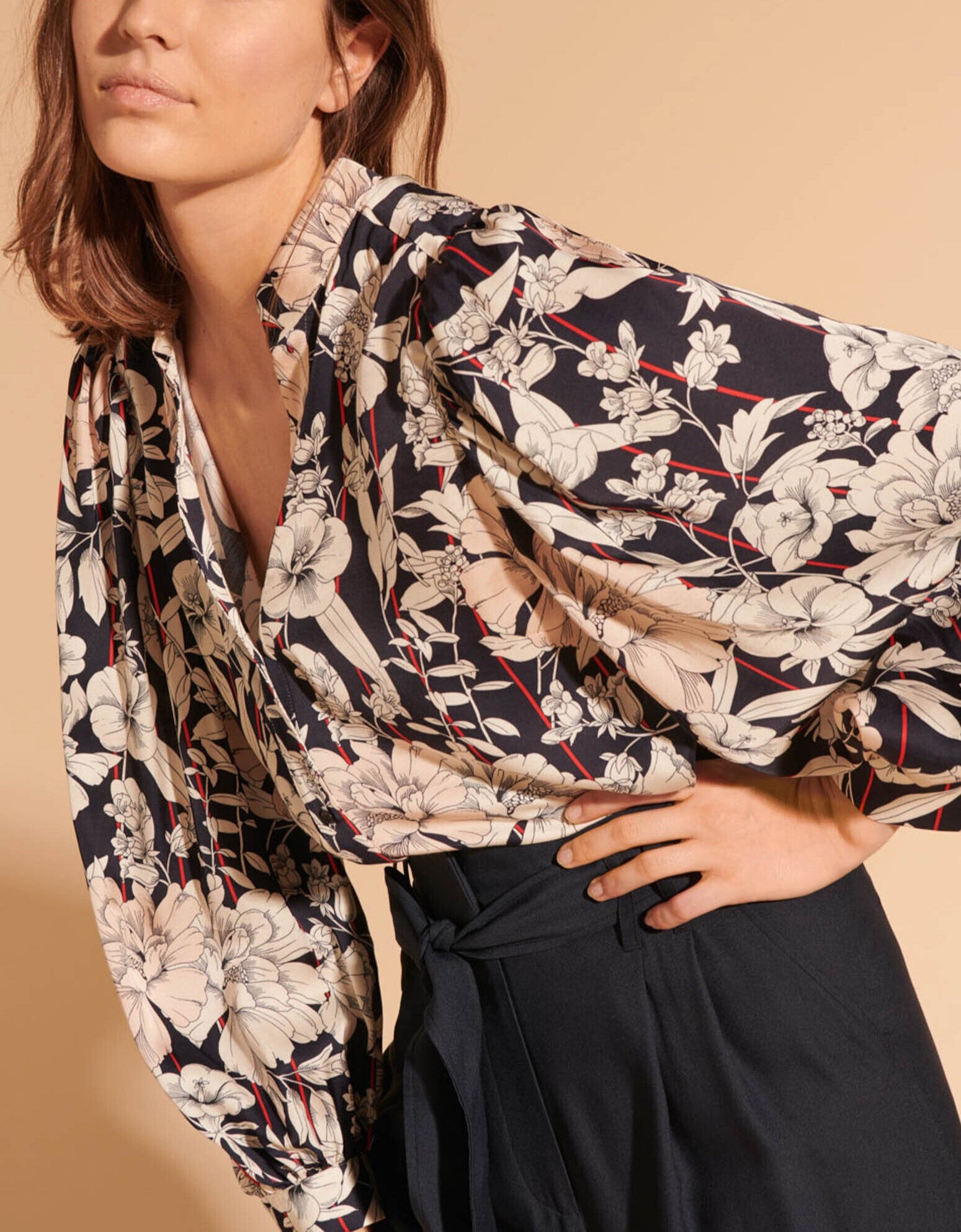 Chemisier Tim en viscose bleu nuit imprimé rayures et fleurs Faume - seconde main