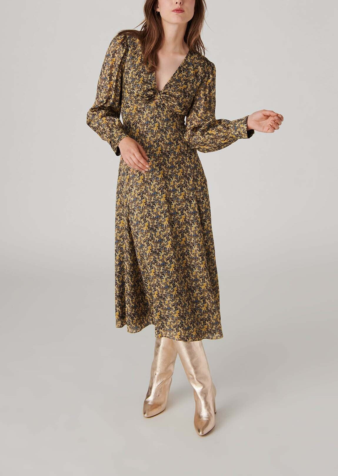 Robe Raiane en viscose lurex imprimé jardin d'hiver mordorée Faume - seconde main