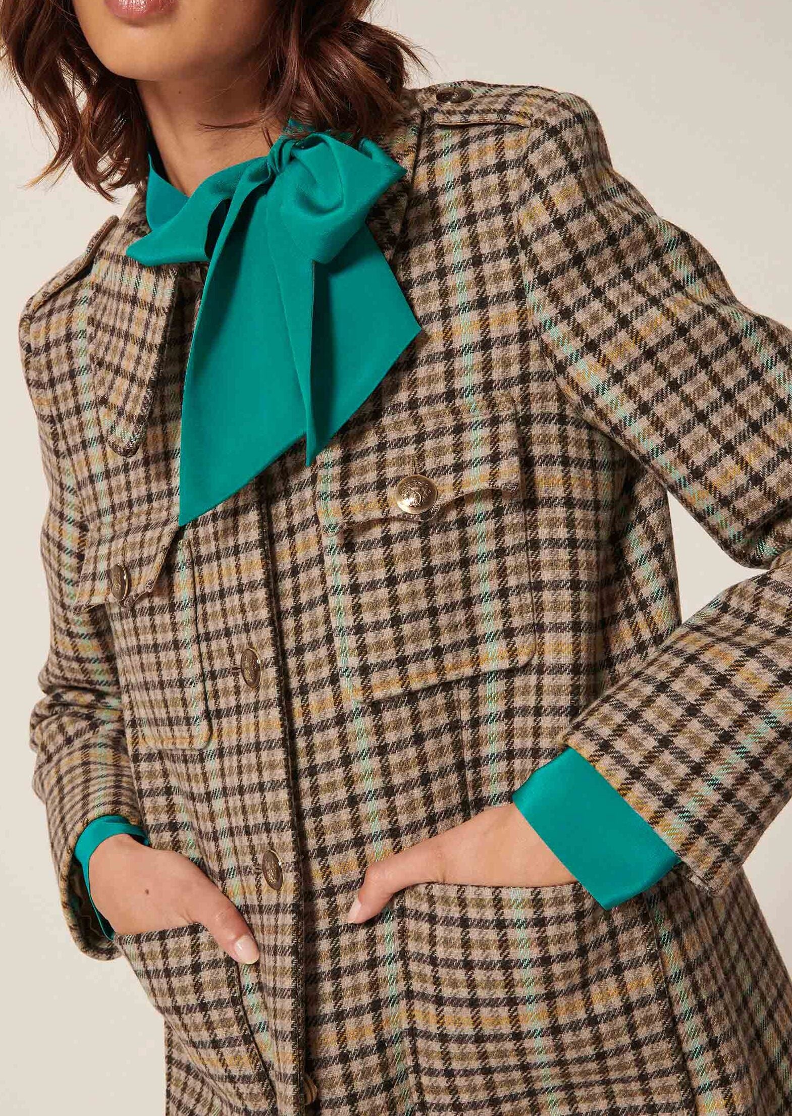 Manteau Marjolaine gris en laine tartan Faume - seconde main