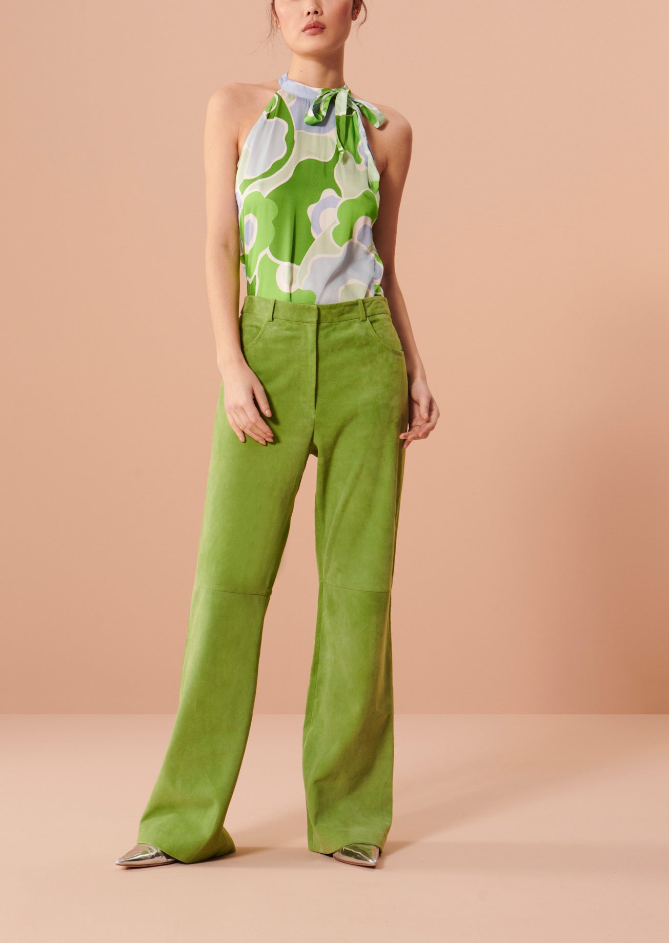 Pantalon Prosperi vert kaki en cuir suédine Faume - seconde main