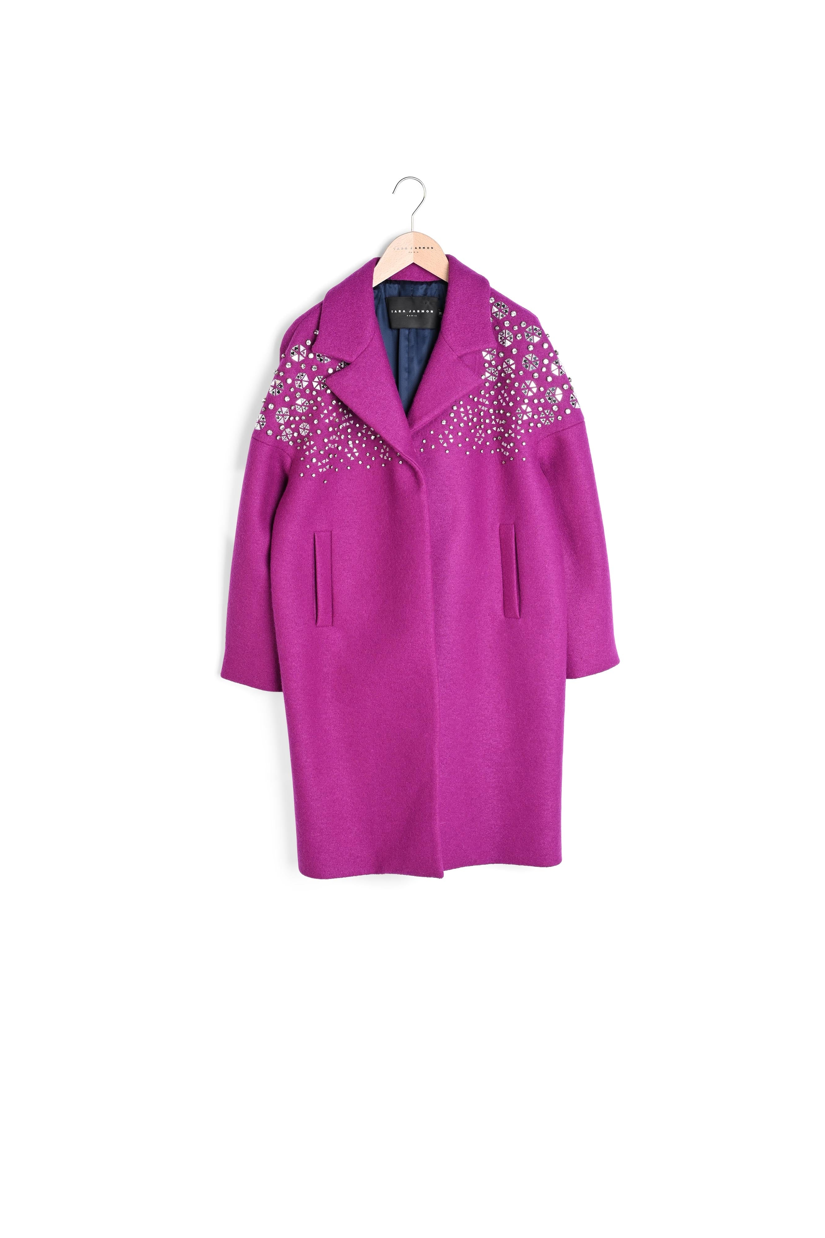 Manteau mi-long mauve brodé bijoux Faume - seconde main