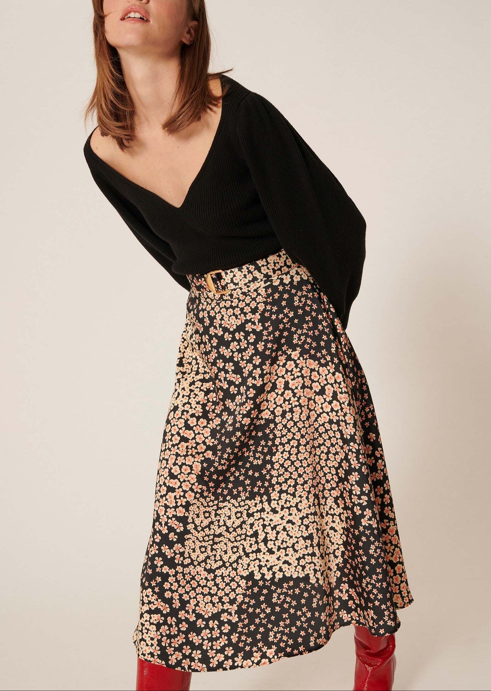 Jupe Jeanettie noire imprimé petites fleurs Faume - seconde main