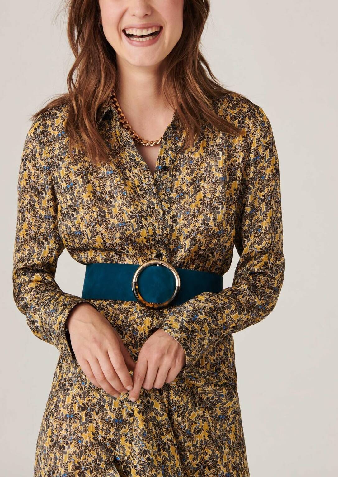 Robe chemise mi-longue Ribel en viscose lurex imprimé jardin d'hiver mordorée Faume - seconde main