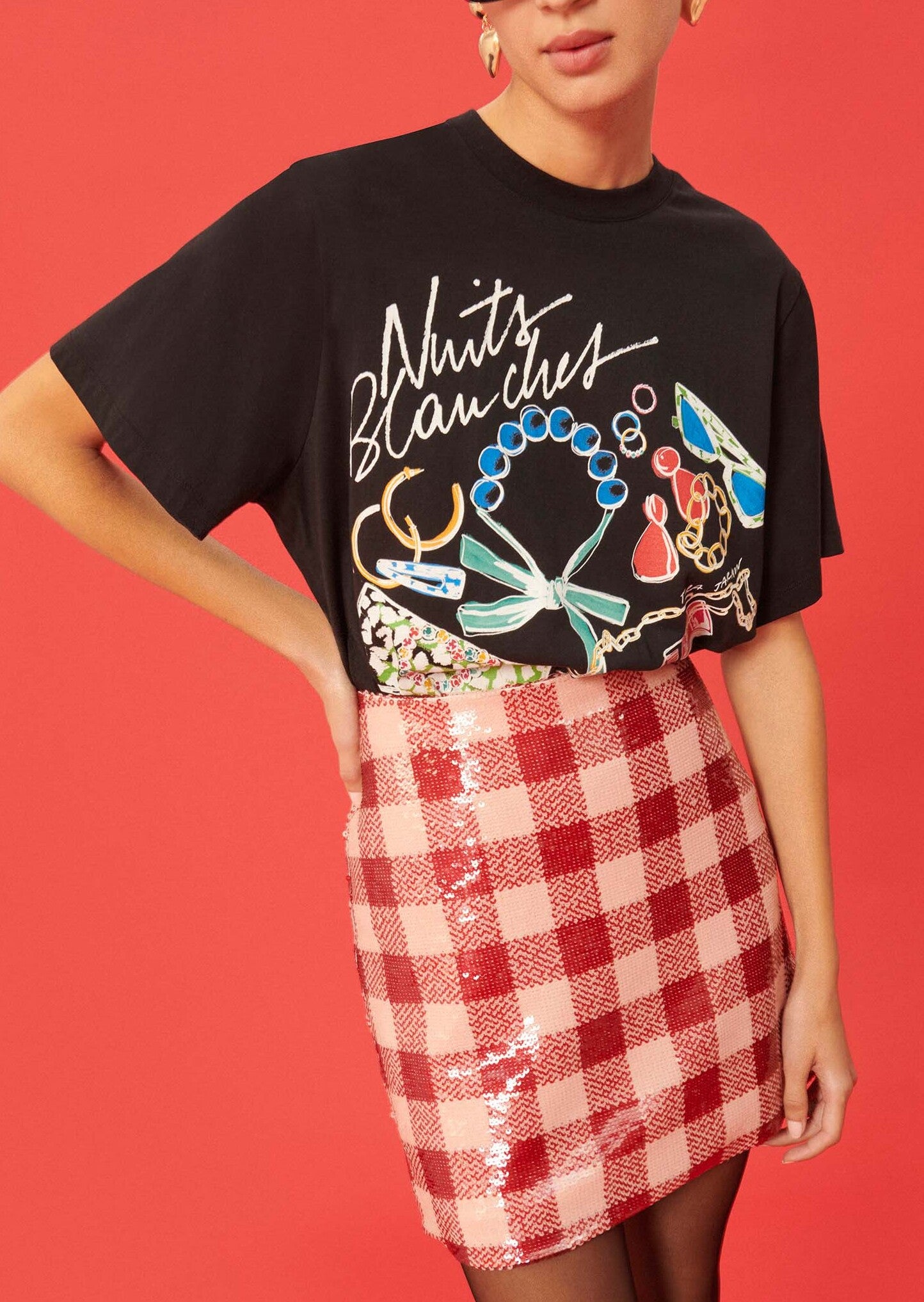 Jupe Jude rouge à carreaux en sequins Faume - seconde main