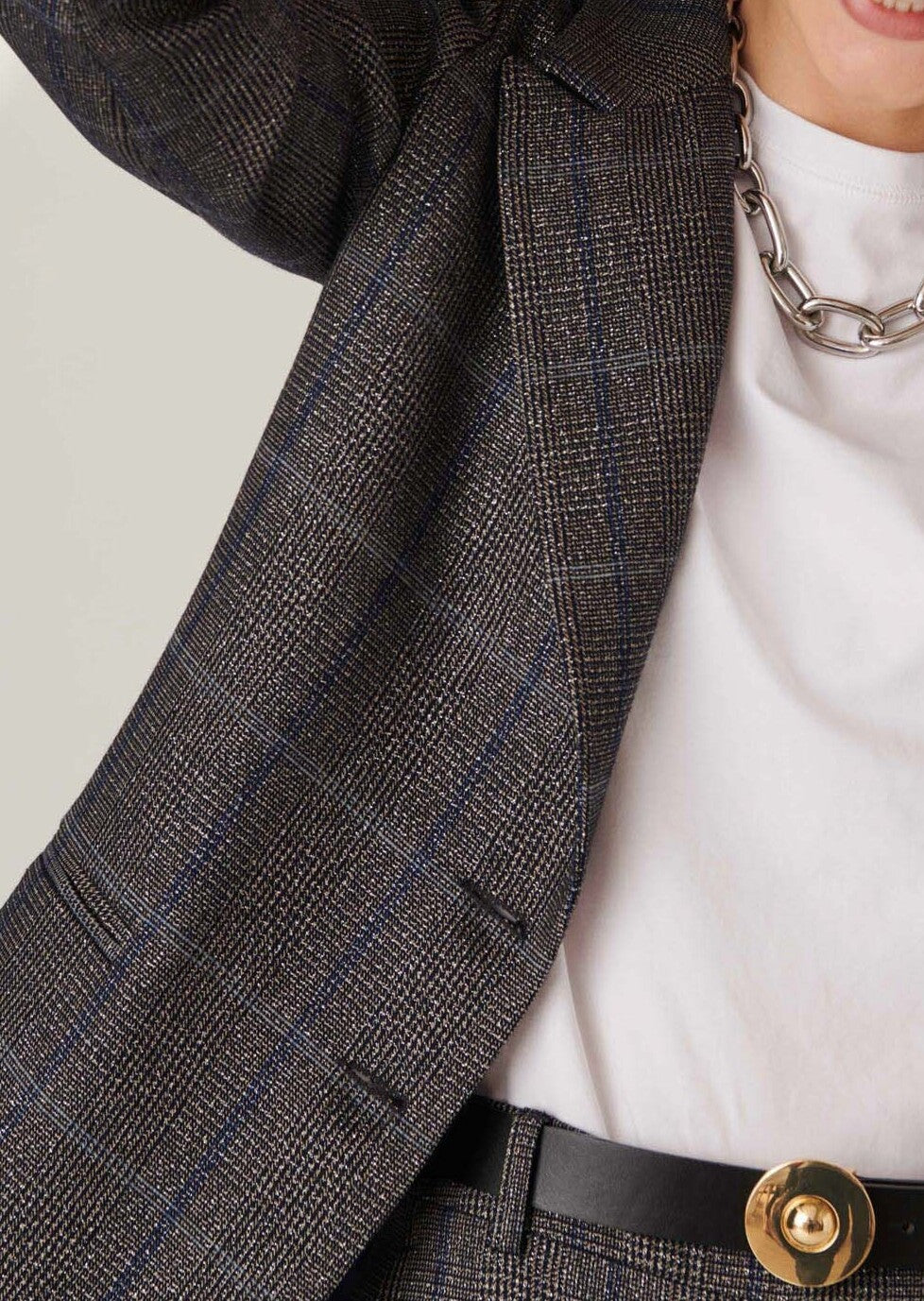 Veste de tailleur Valiera en tartan lurex bleu nuit et gris Faume - seconde main