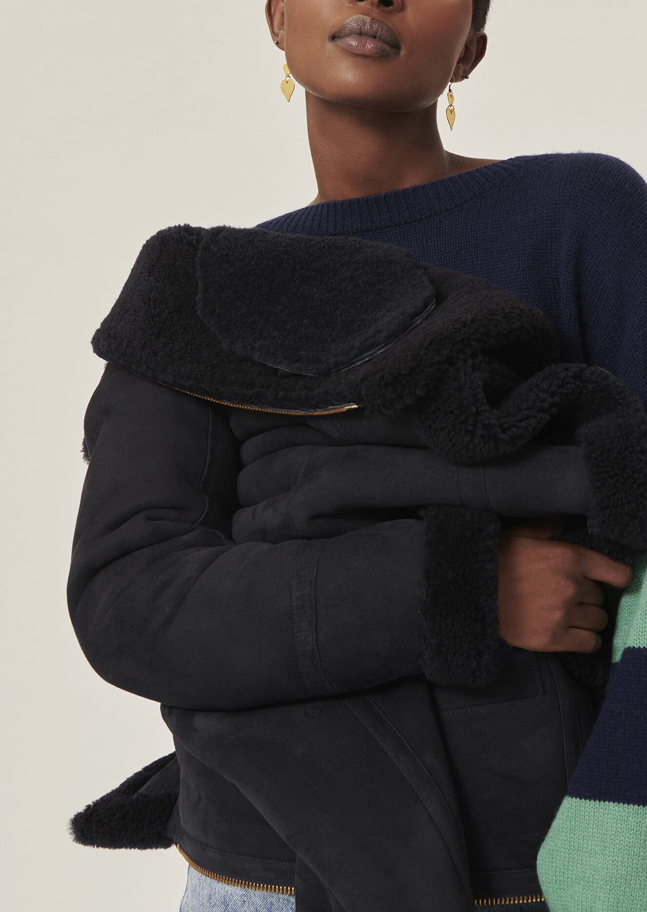 Blouson Bikie bleu marine en peau lainée Faume - seconde main