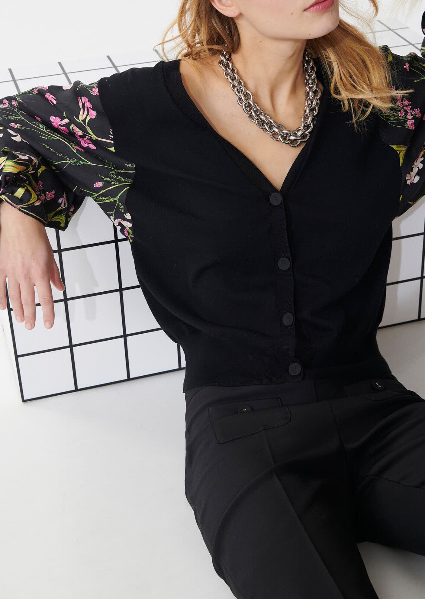 Gilet Granville noir extrafin imprimé fleuri en soie et coton Faume - seconde main