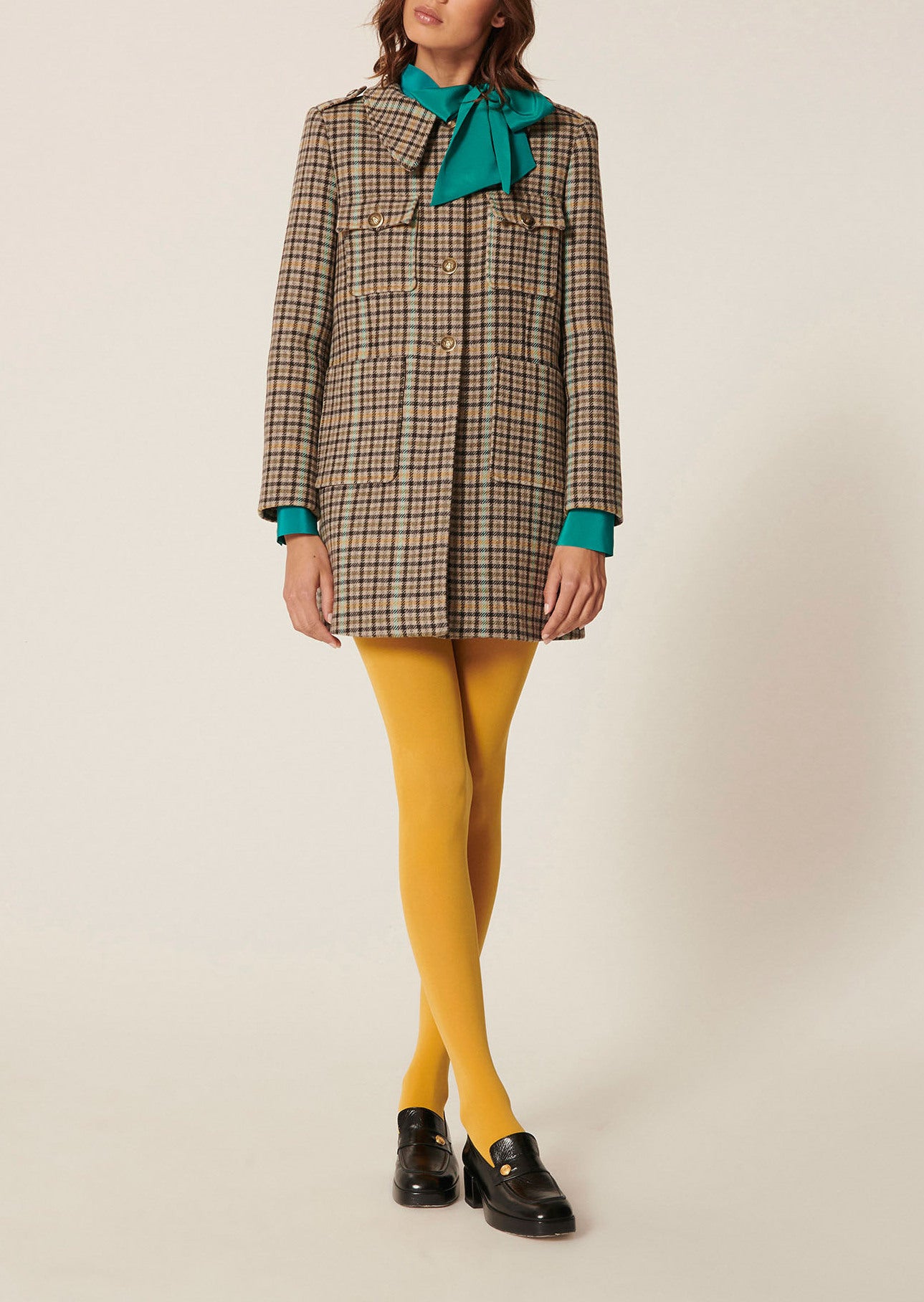 Manteau Marjolaine gris en laine tartan Faume - seconde main