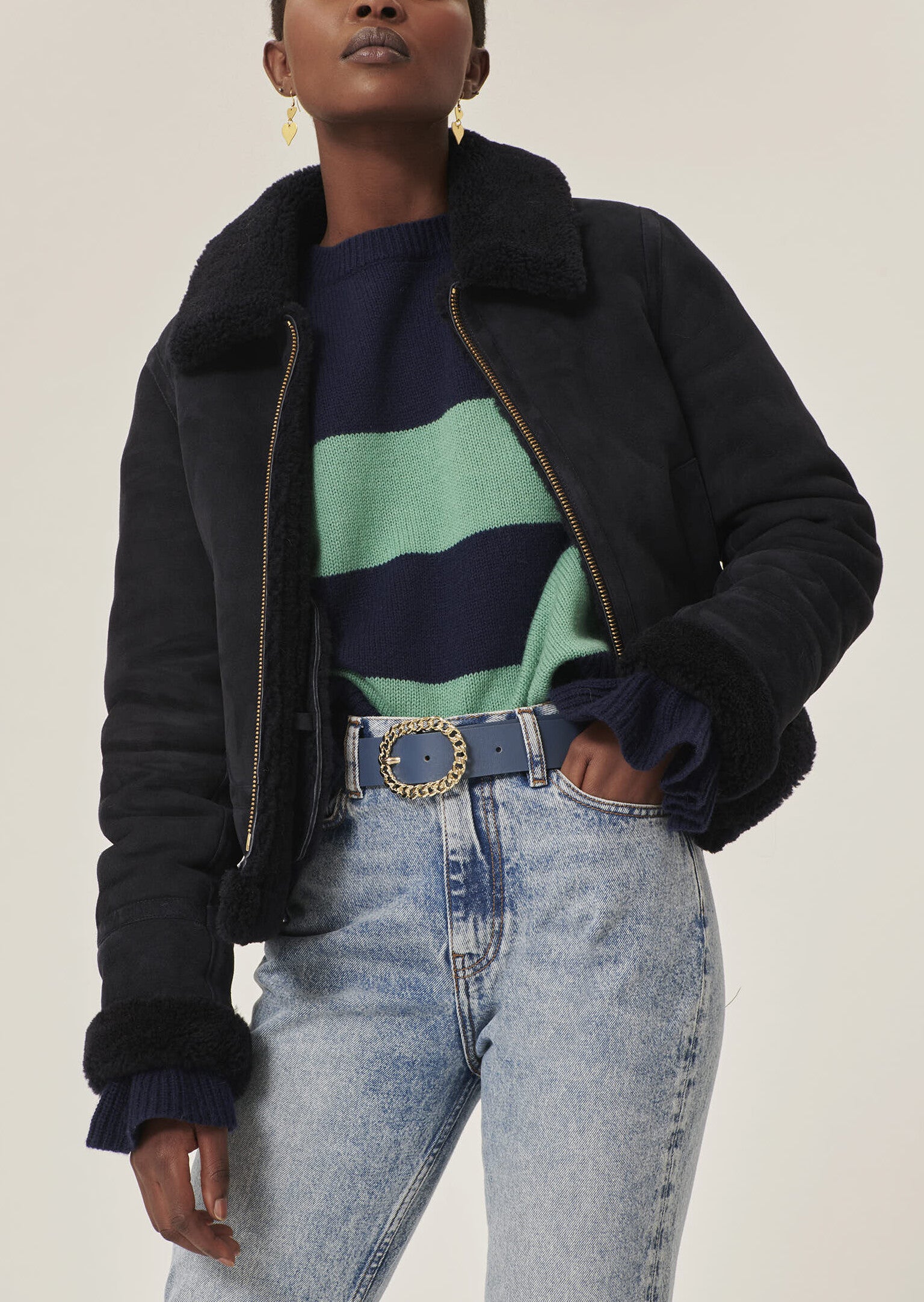 Blouson Bikie bleu marine en peau lainée Faume - seconde main