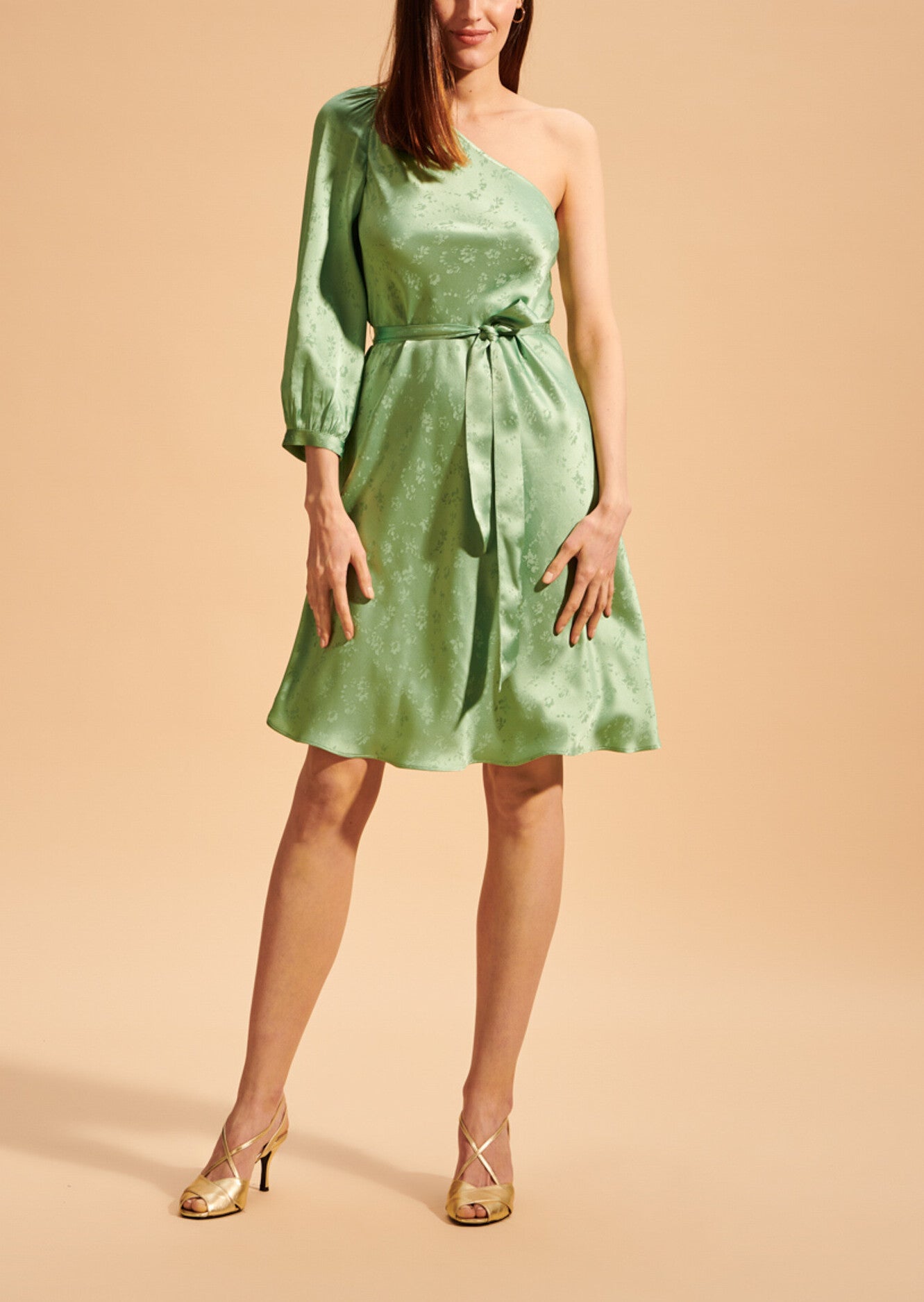 Robe one-shoulder Riona en jacquard fleuri vert jade Faume - seconde main