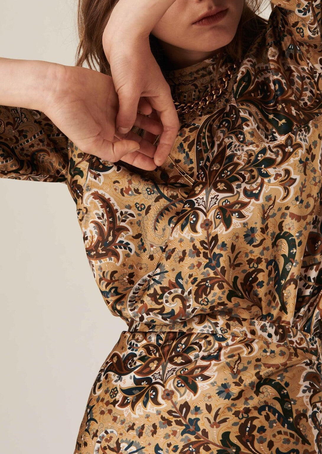 Blouse Tribeca imprimé cachemire camel sur satin viscose de soie Faume - seconde main