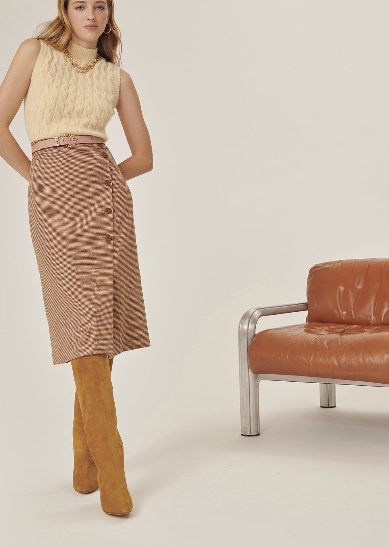 Jupe Jicaron marron en flanelle pied de coq Faume - seconde main