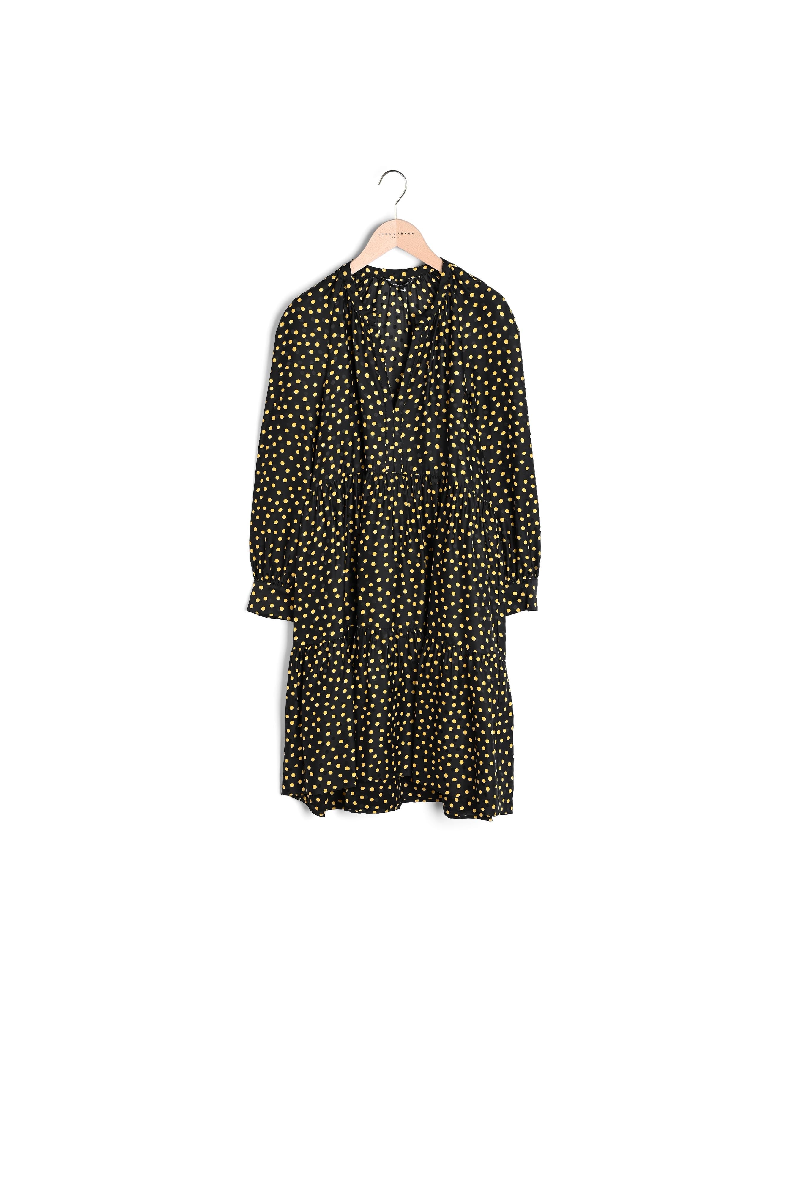 Robe Rovika noire façonnée imprimé pois jaune Faume - seconde main