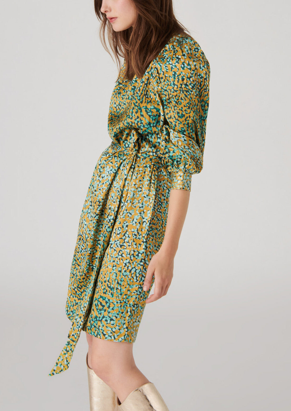 Robe Ribera imprimé aqua gold sur satin viscose Faume - seconde main