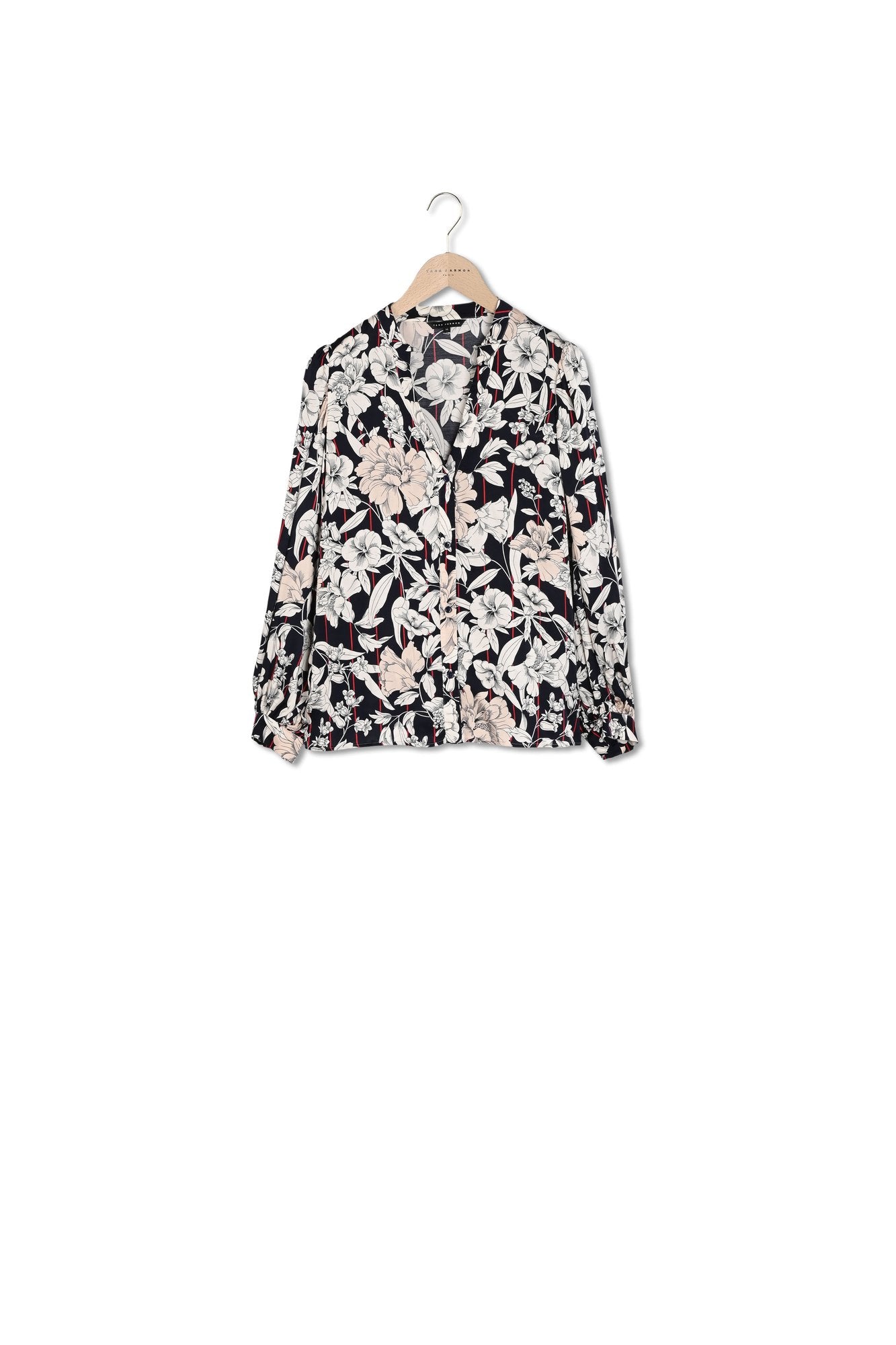 Chemisier Tim en viscose bleu nuit imprimé rayures et fleurs Faume - seconde main