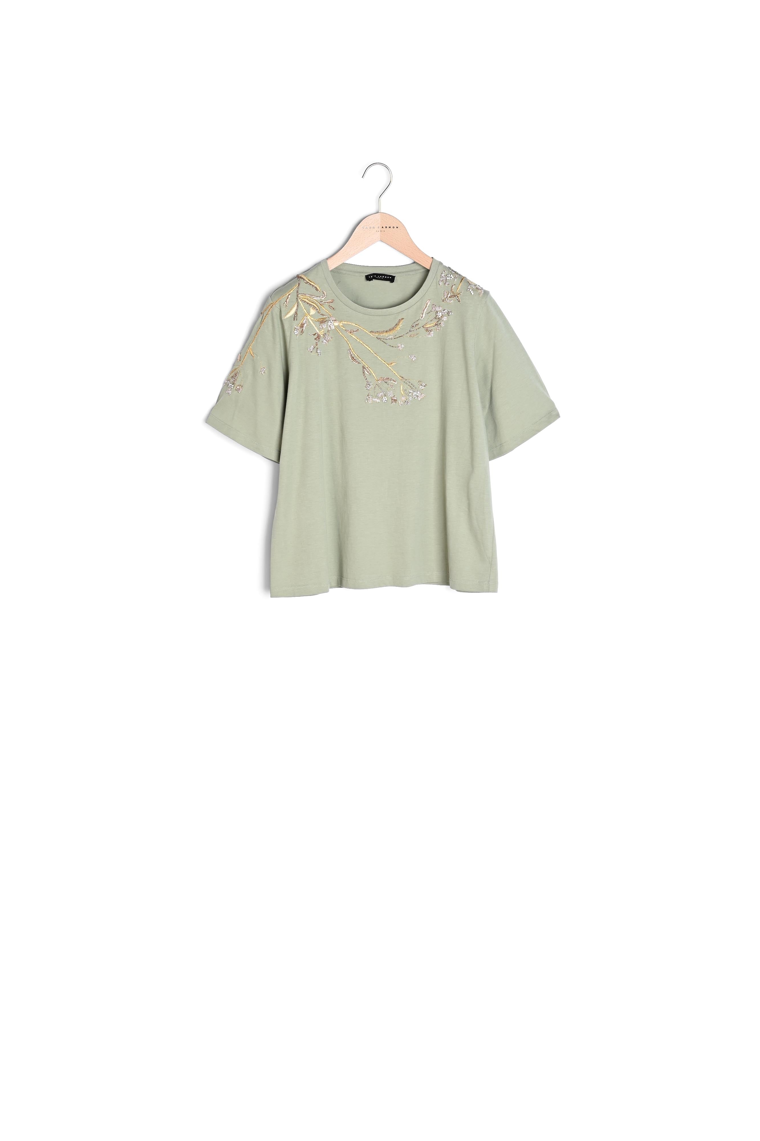 T-shirt Tresse vert pâle en coton brodé de perles Faume - seconde main