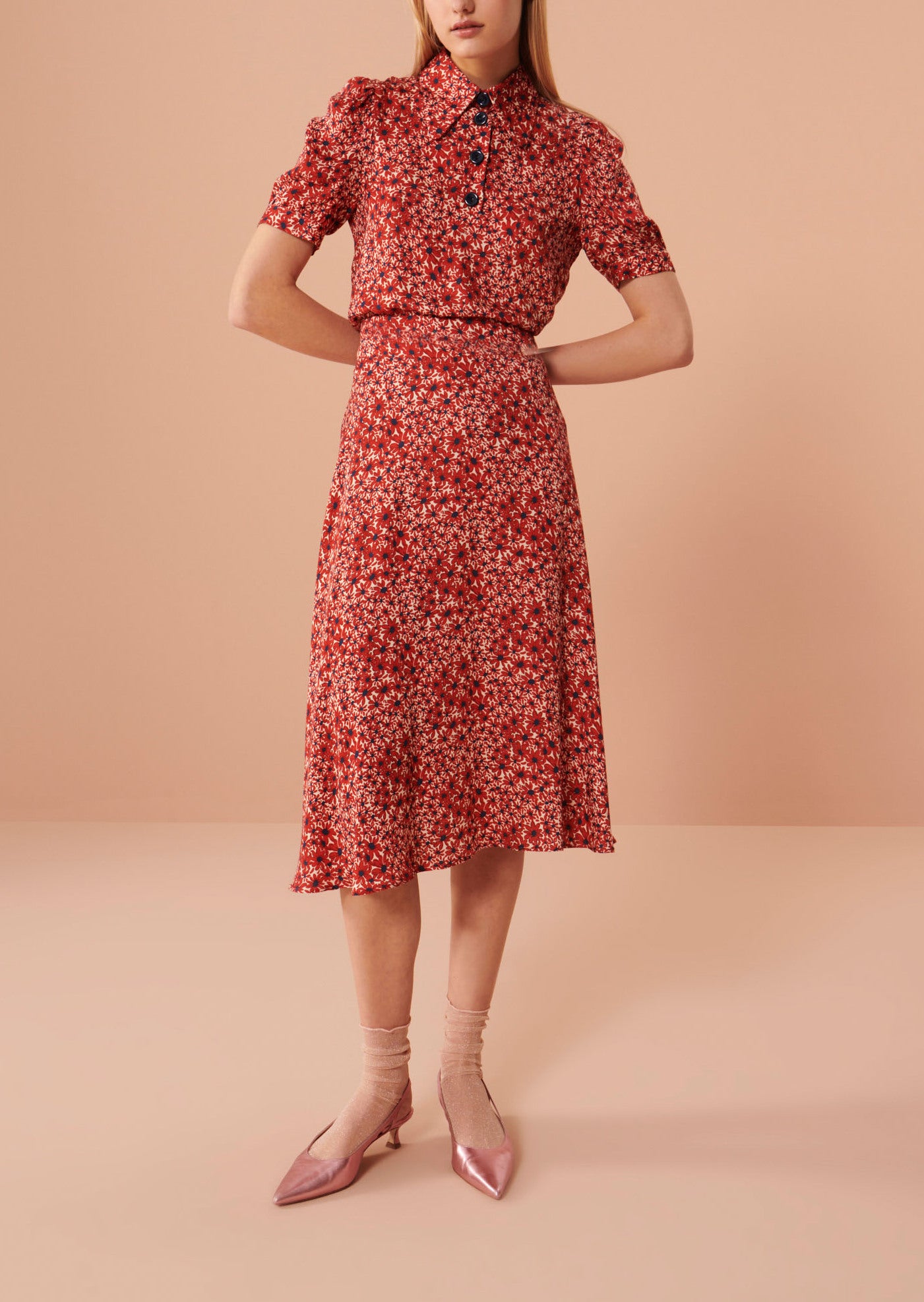 Jupe Jeannette rouge imprimé petites fleurs Faume - seconde main