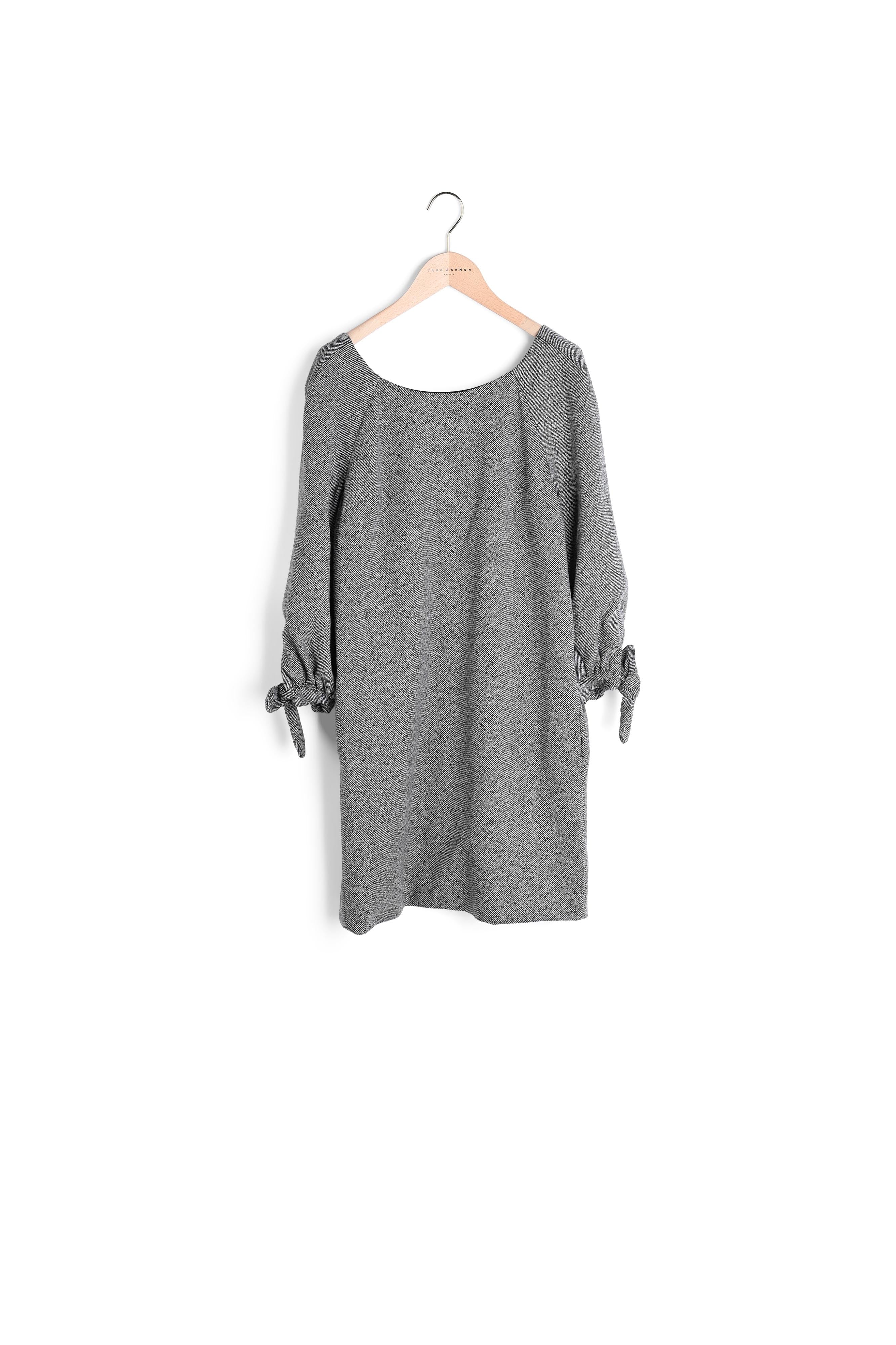 Robe tunique Rina gris chiné nouée aux manches en lainage gabardine Faume - seconde main