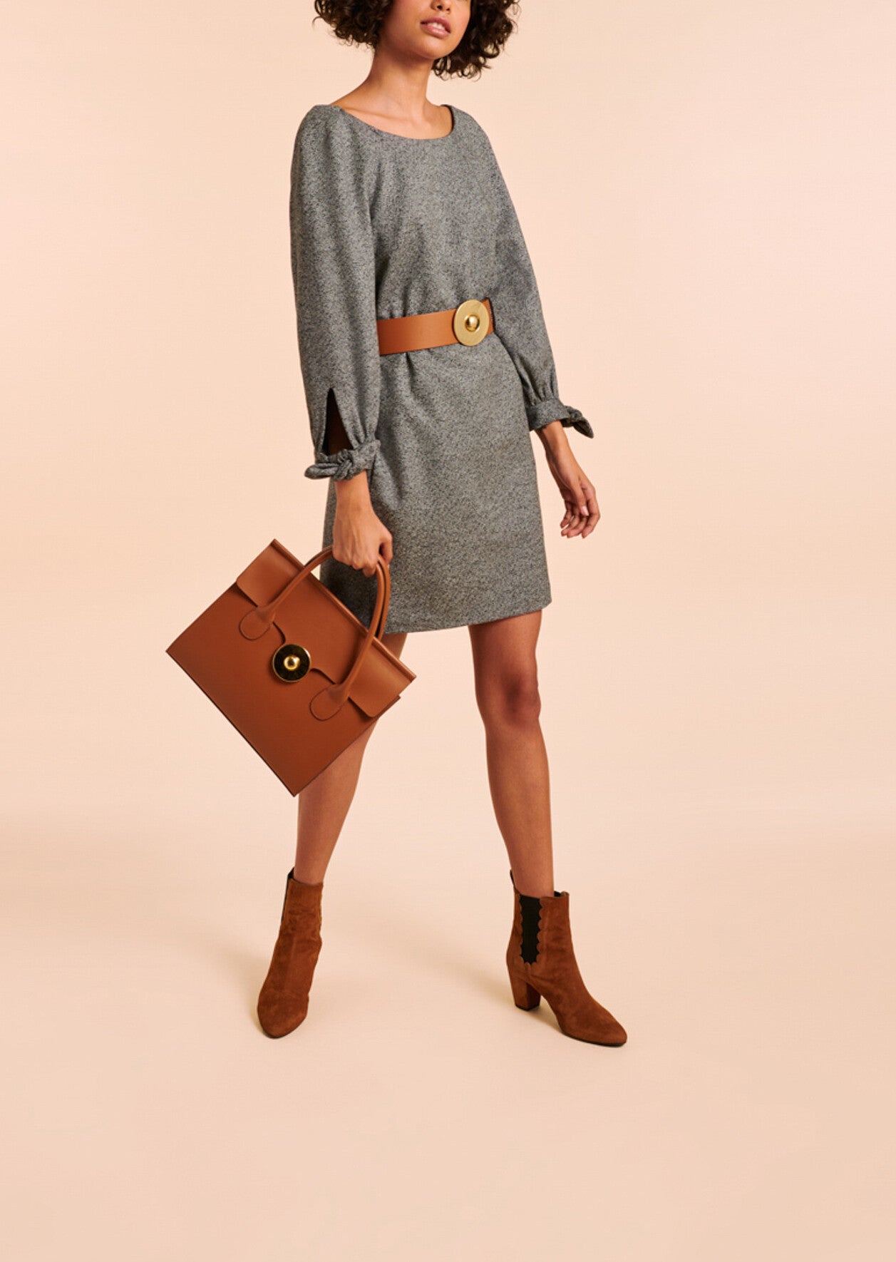 Robe tunique Rina gris chiné nouée aux manches en lainage gabardine Faume - seconde main