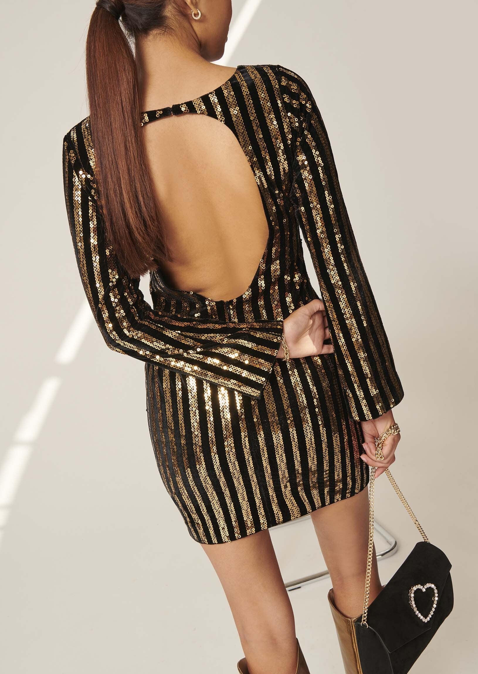 Robe Rory rayée noire et paillettes gold 