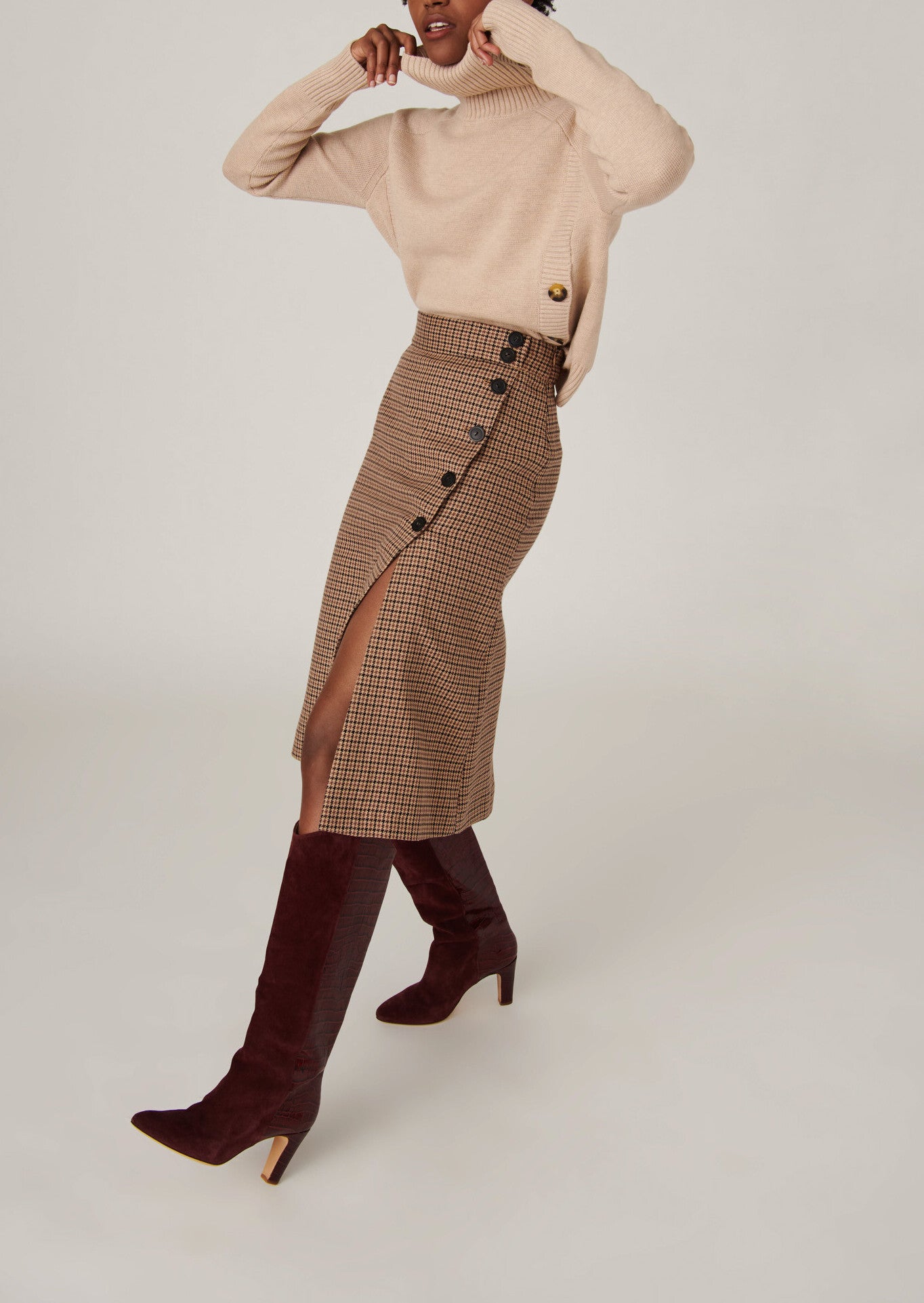 Jupe portefeuille Jicaron en pied-de-coq sable Faume - seconde main