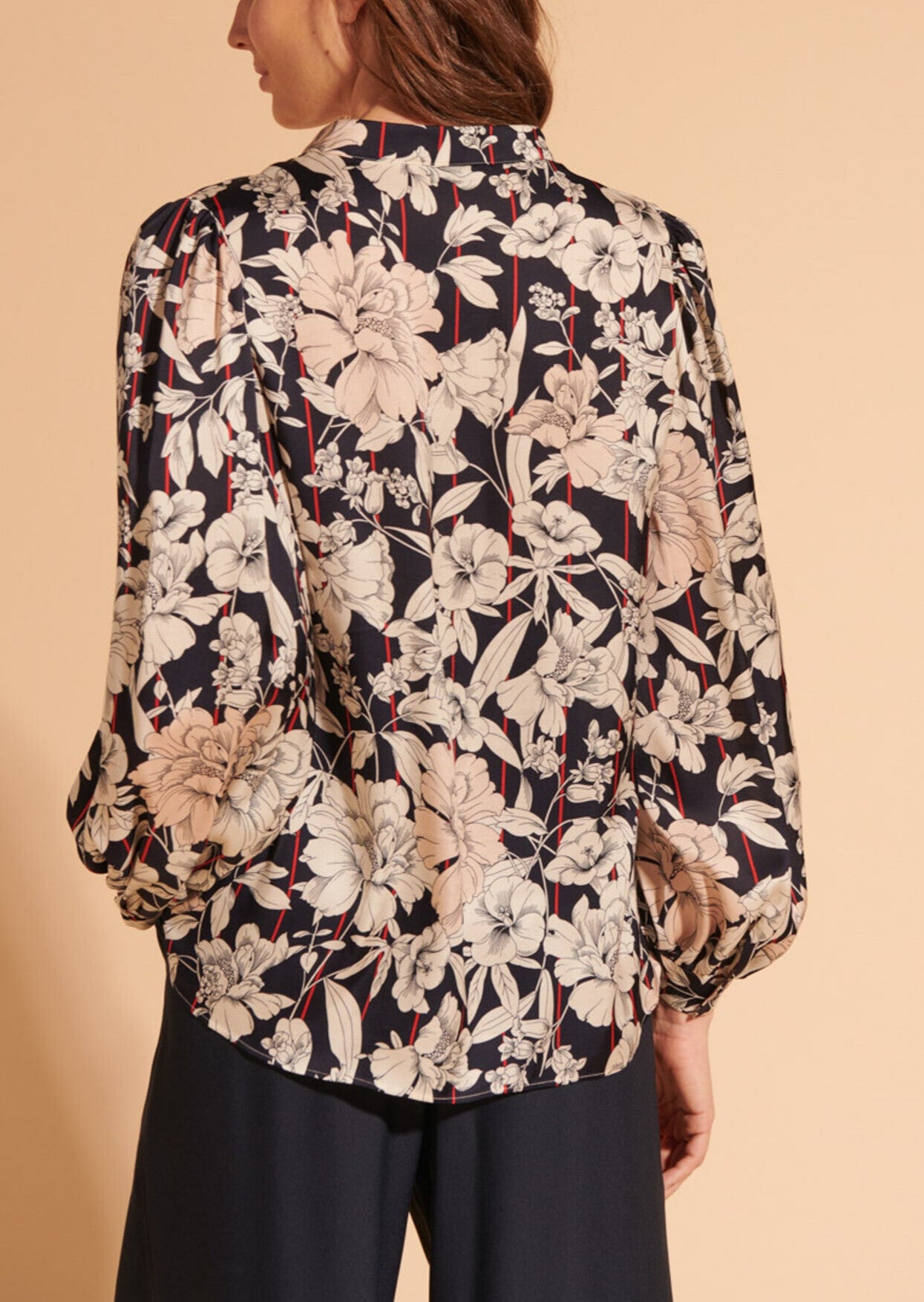 Chemisier Tim en viscose bleu nuit imprimé rayures et fleurs Faume - seconde main