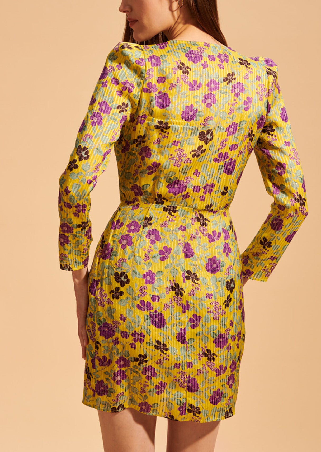 Robe courte Revelyne jaune imprimé fleurs lurex Faume - seconde main