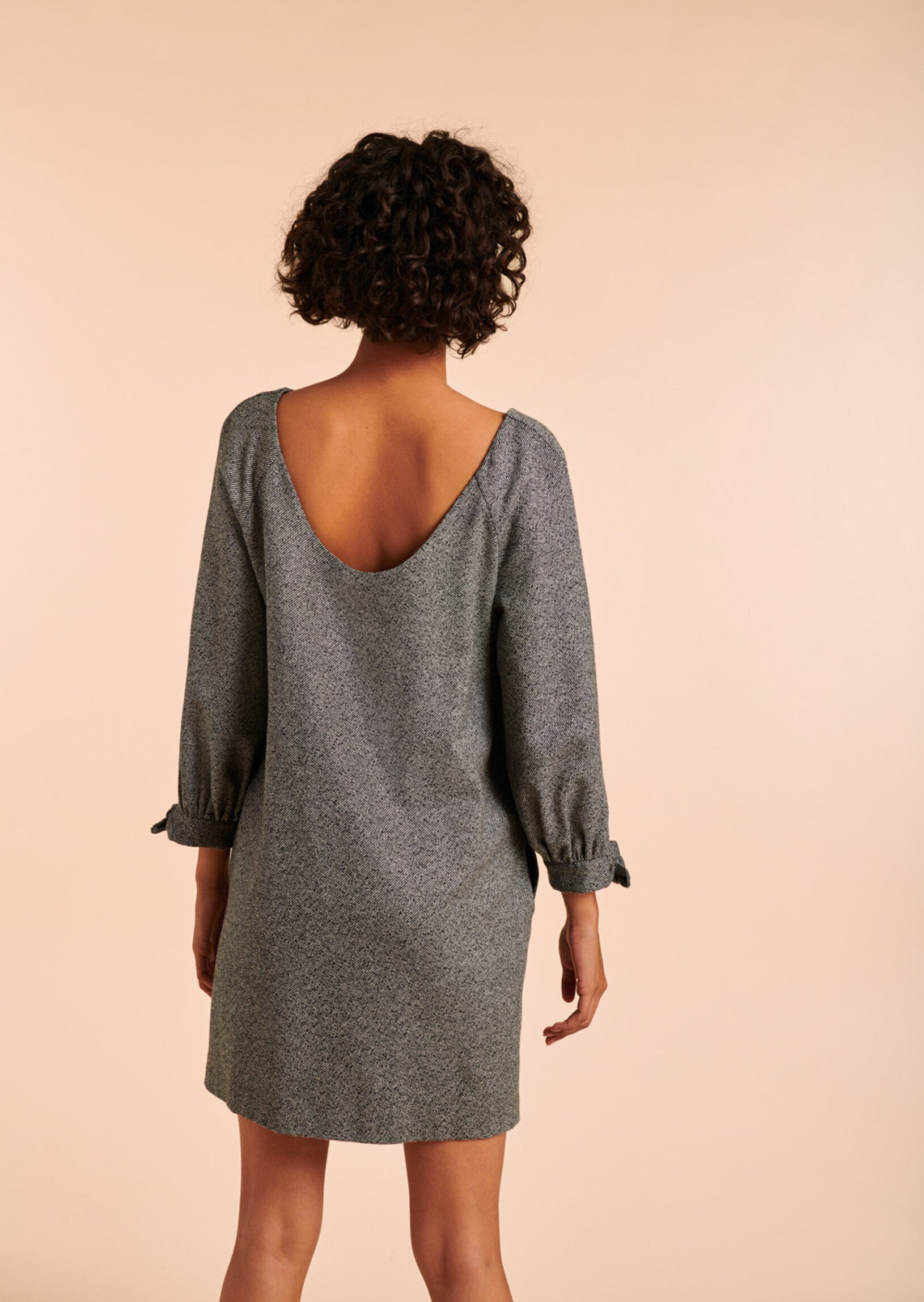 Robe tunique Rina gris chiné nouée aux manches en lainage gabardine Faume - seconde main