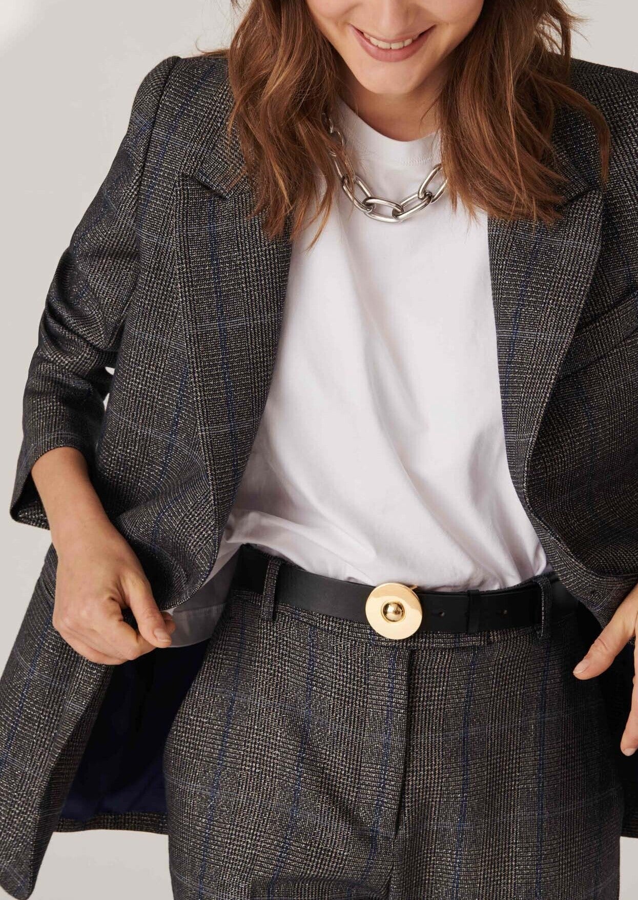 Veste de tailleur Valiera en tartan lurex bleu nuit et gris Faume - seconde main