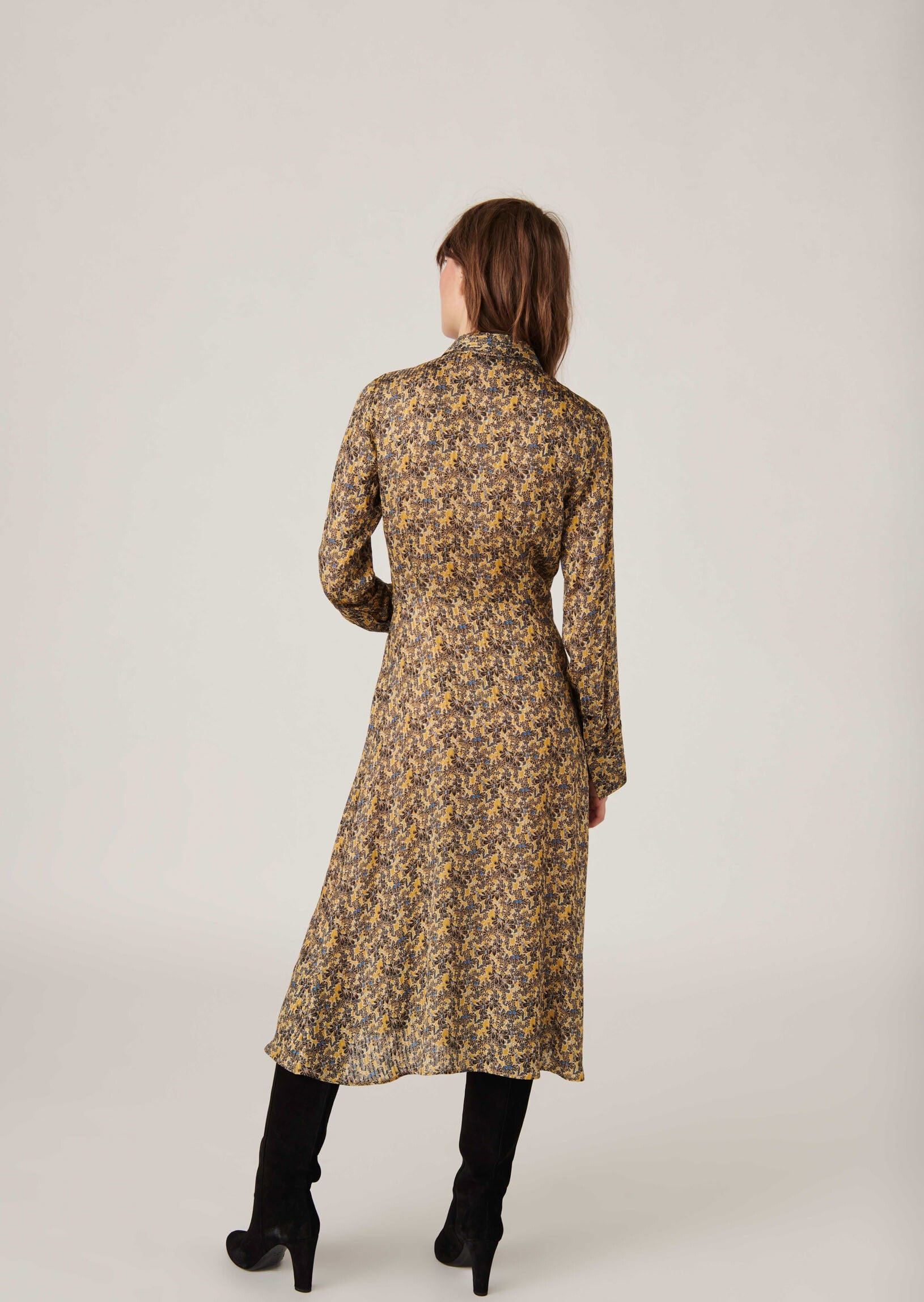 Robe chemise mi-longue Ribel en viscose lurex imprimé jardin d'hiver mordorée Faume - seconde main