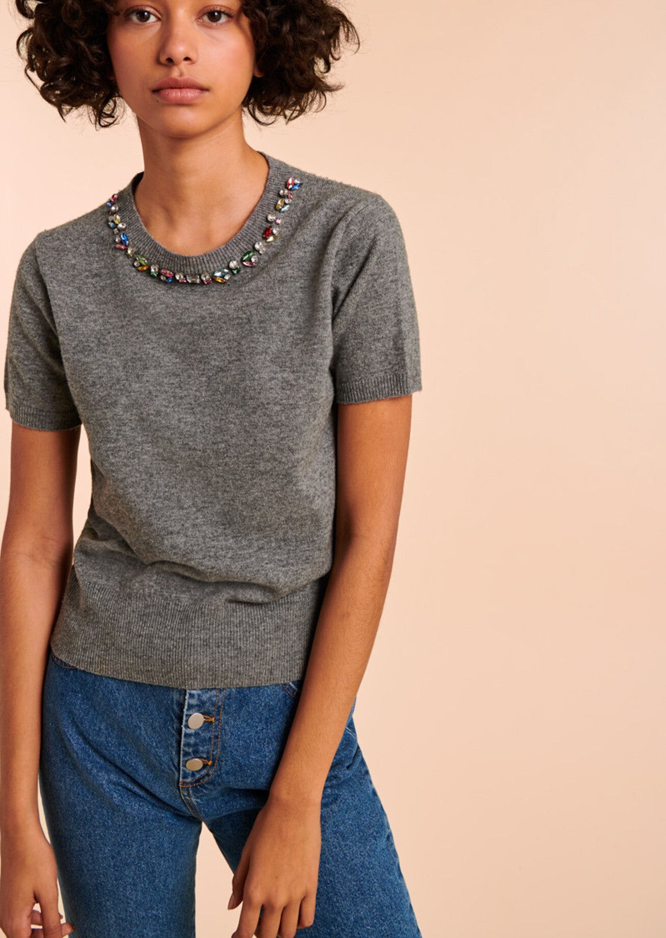 Pull Nella gris chiné avec détails bijoux Faume - seconde main