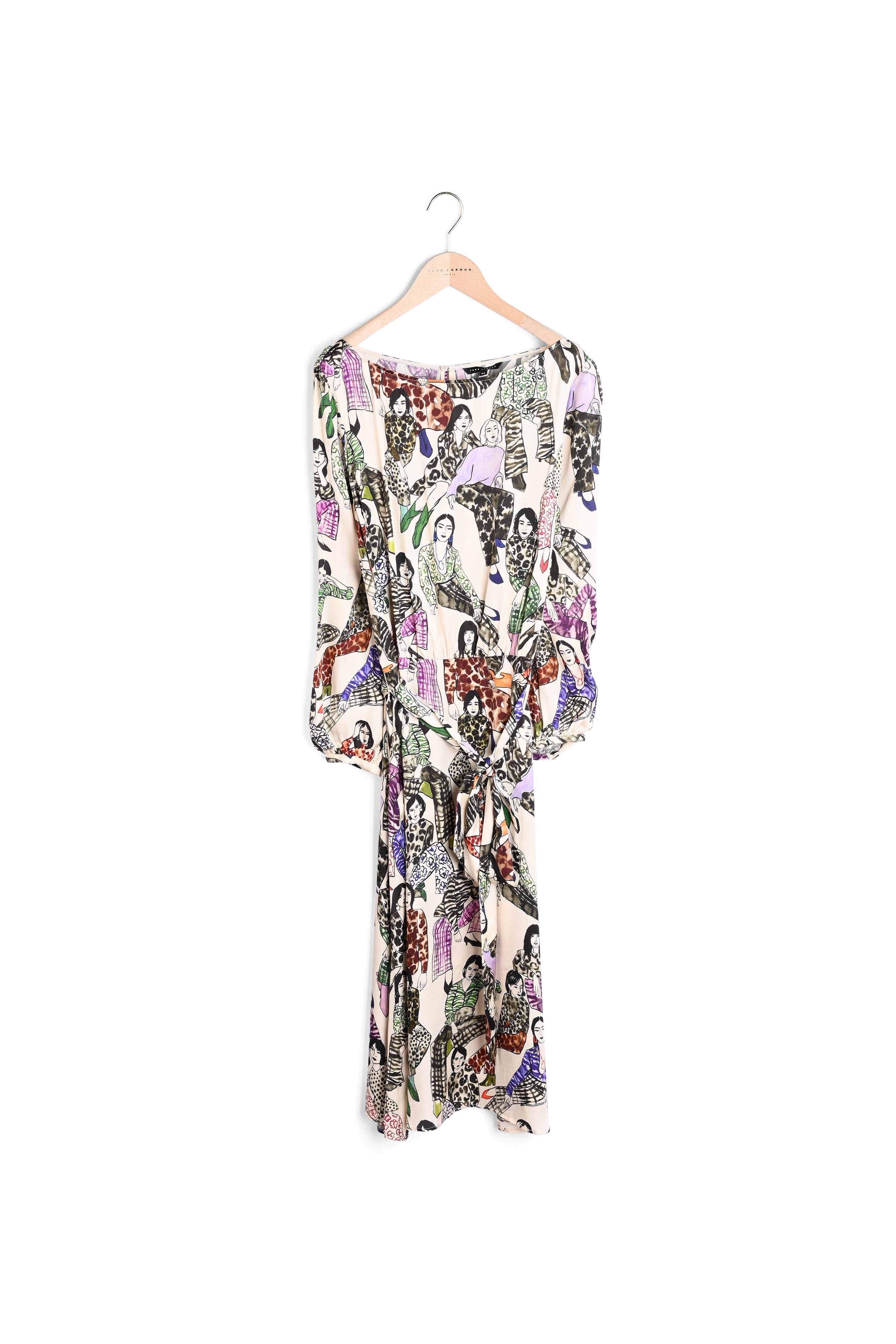 Robe Rylly mi-longue imprimé figurines sur satin viscose beige Faume - seconde main