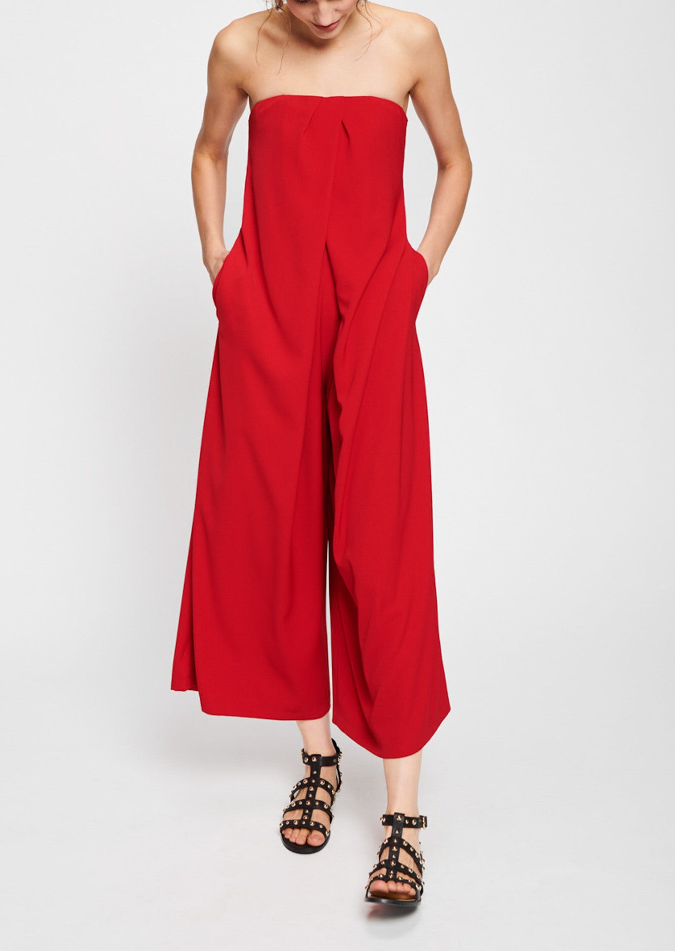 Combinaison-pantalon bustier rouge en crêpe fluide Faume - seconde main