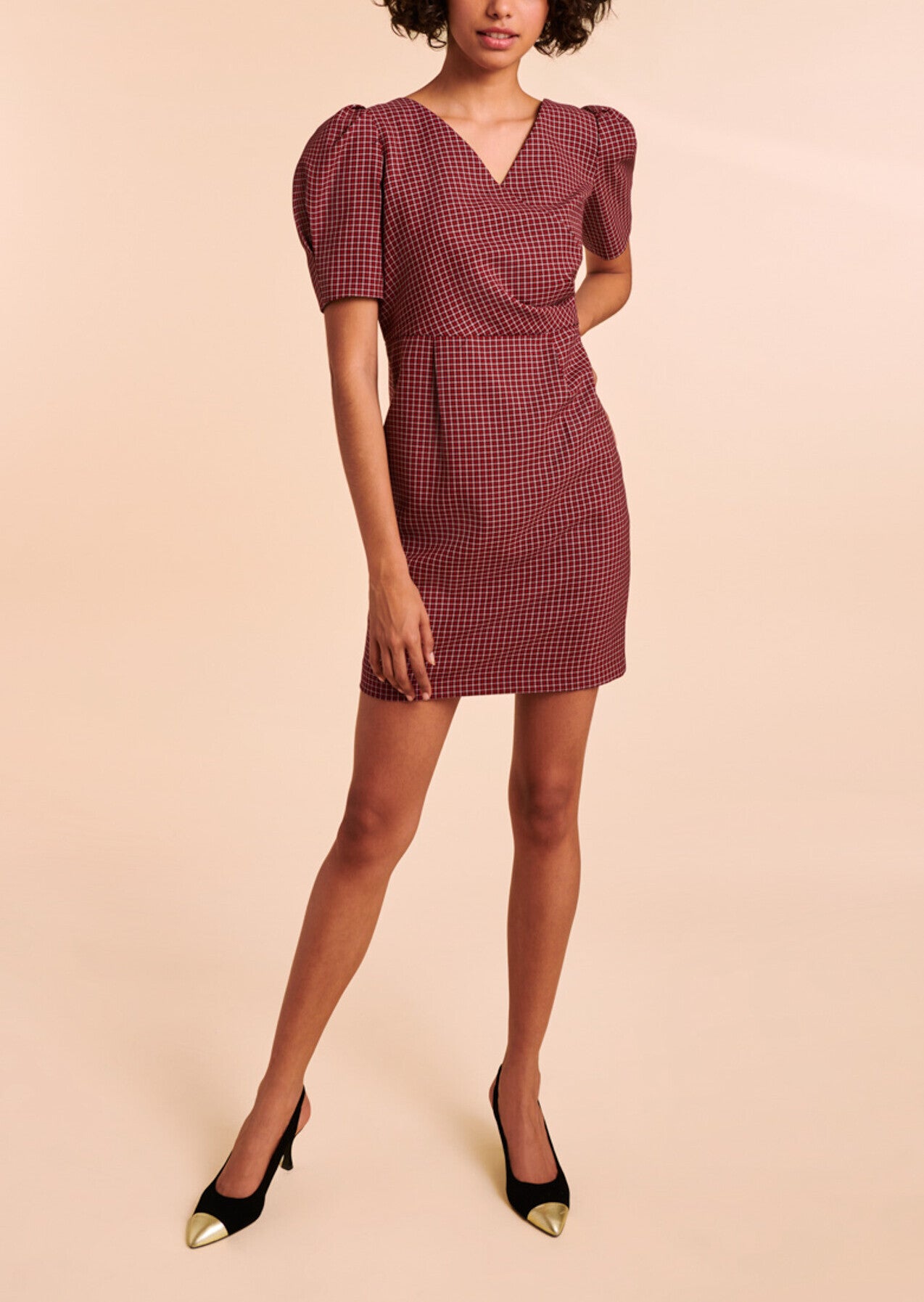 Robe Rosalia rouge courte cache-coeur à petits carreaux Faume - seconde main